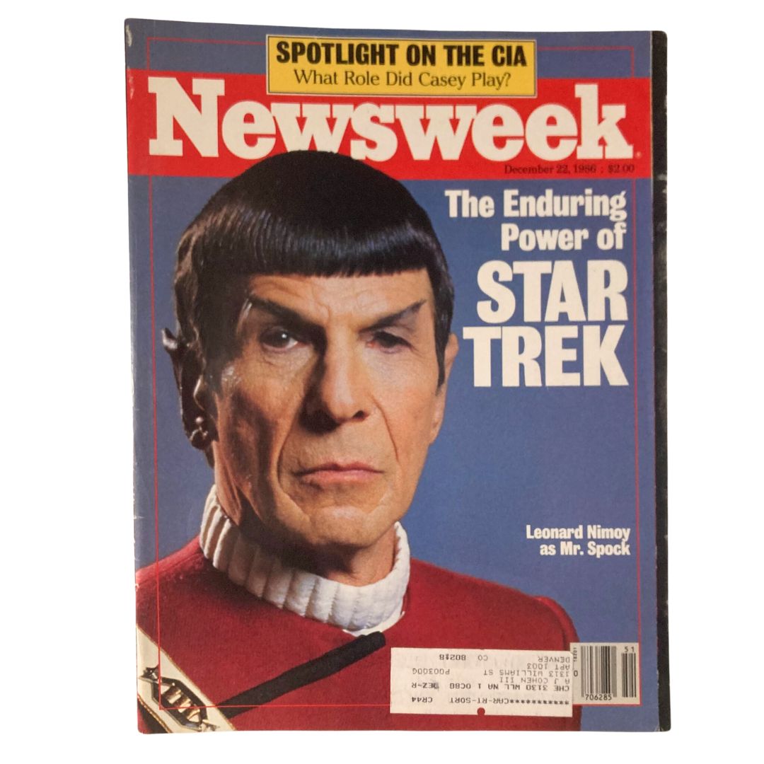 Vintage Newsweek magazine cover from December 22, 1986 featuring Leonard Nimoy as Mr. Spock from Star Trek, highlighting the enduring power of the franchise.