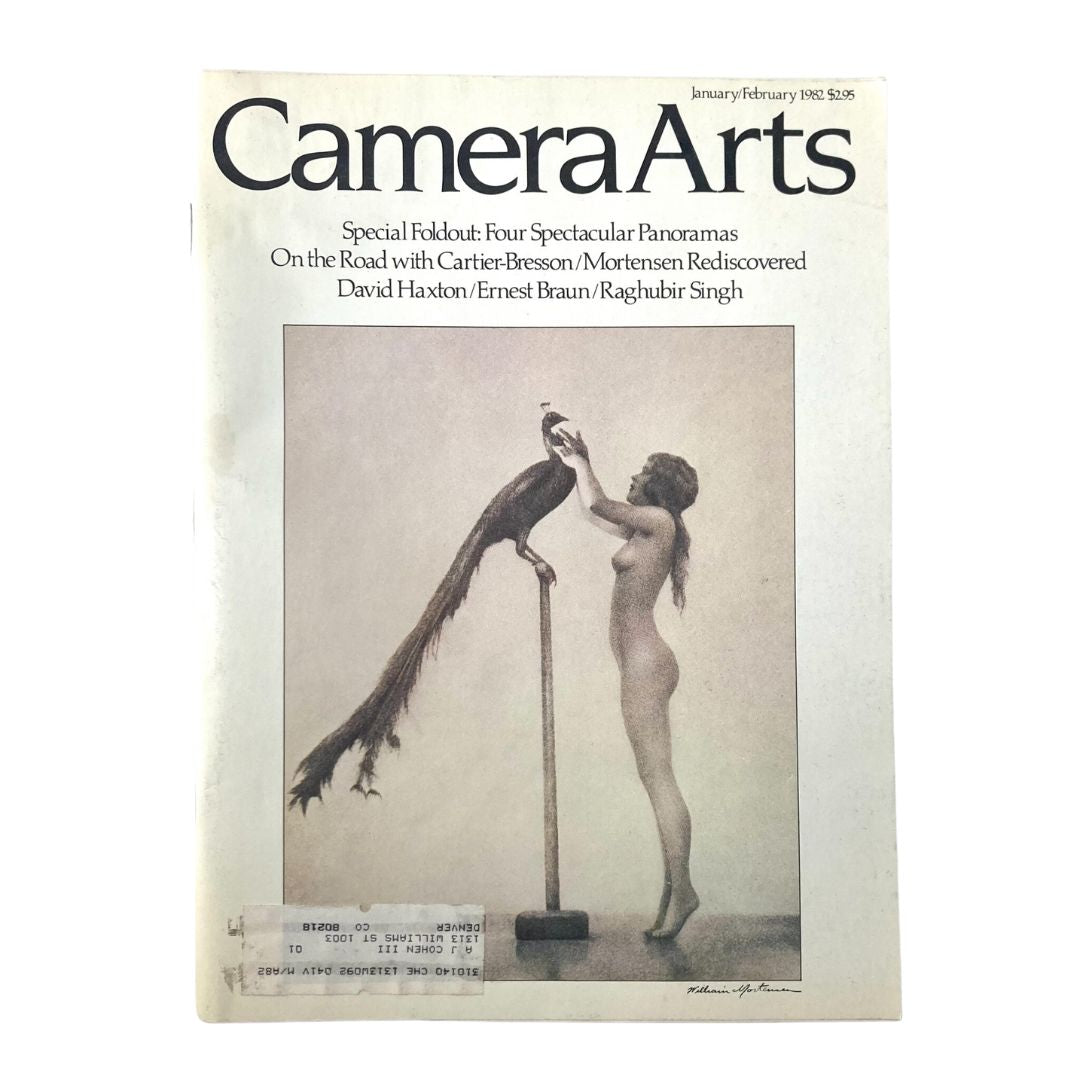 Camera Arts Magazine January 1982 Special Foldout cover featuring a nude model with a peacock, showcasing the issue titled 'Special Foldout: Four Spectacular Panoramas'.
