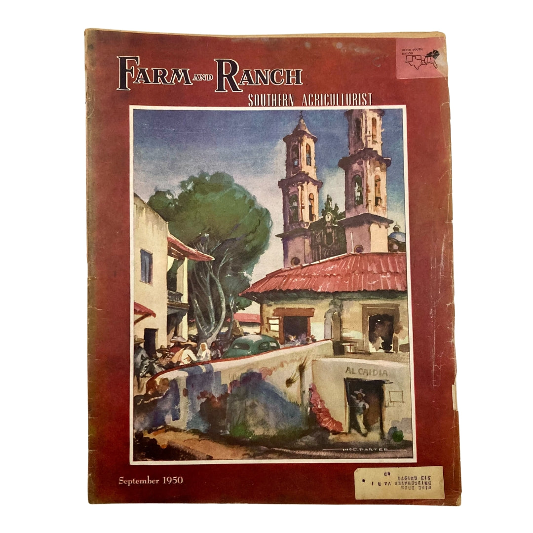 Cover of the September 1950 issue of Farm & Ranch Southern Agriculturist Magazine featuring vibrant artwork depicting rural life and architecture.