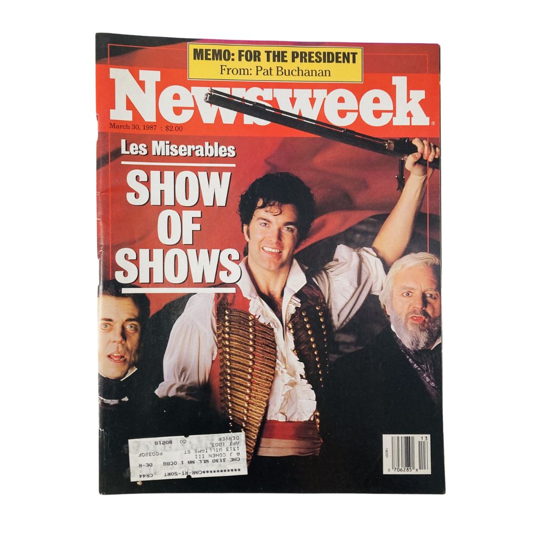 Vintage Newsweek Magazine cover from March 30, 1987 featuring 'Les Miserables' with headline 'Show of Shows'. The cover displays actors in period costumes related to the musical adaptation.