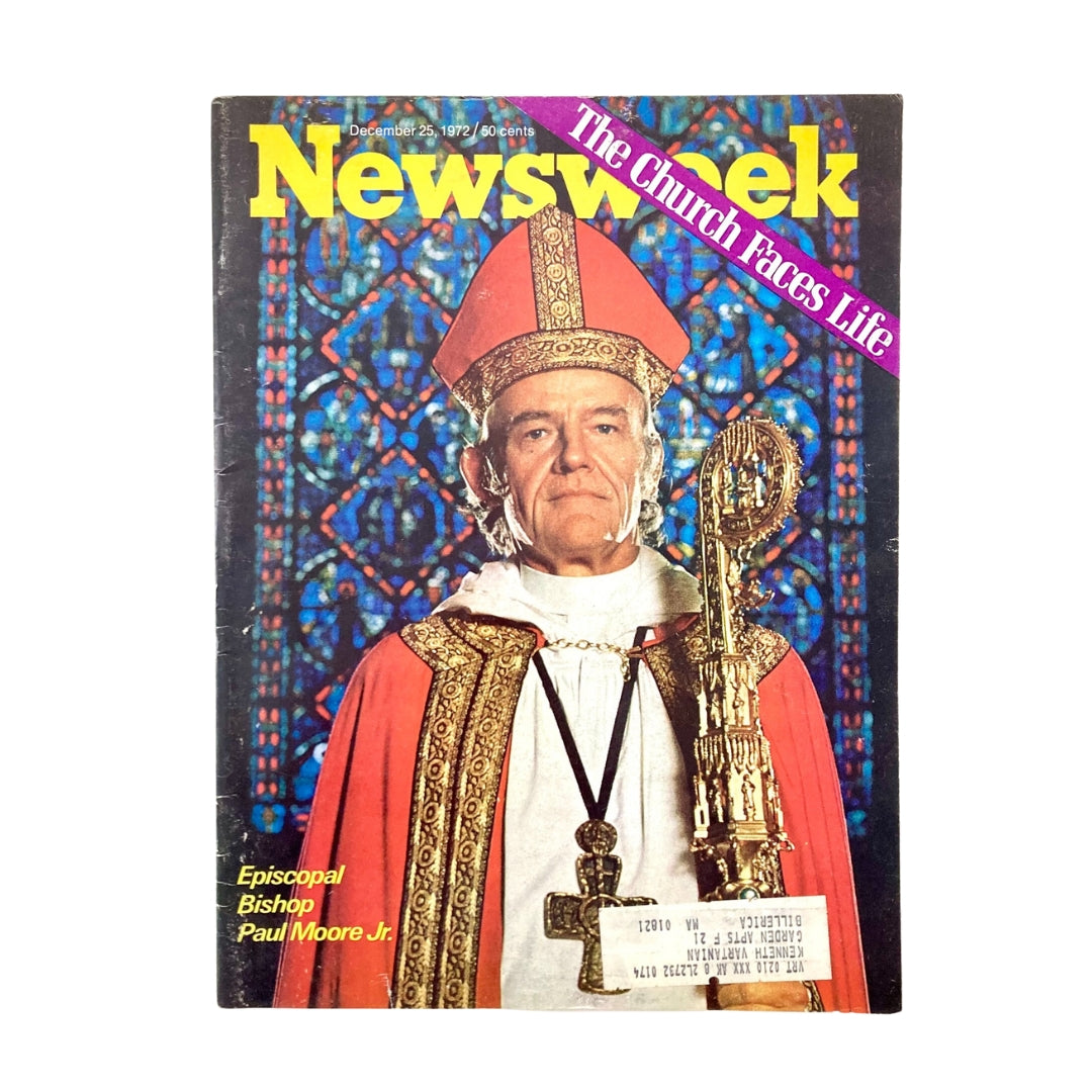 VTG Newsweek Magazine December 25 1972 featuring Episcopal Bishop Paul Moore Jr. on the cover, depicting the theme 'The Church Faces Life' with a vibrant stained glass background.