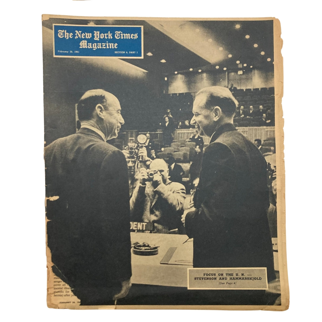 Cover of The New York Times Magazine from February 26, 1961, featuring a significant meeting with Adlai Stevenson and Dag Hammarskjöld, capturing a moment in political history.