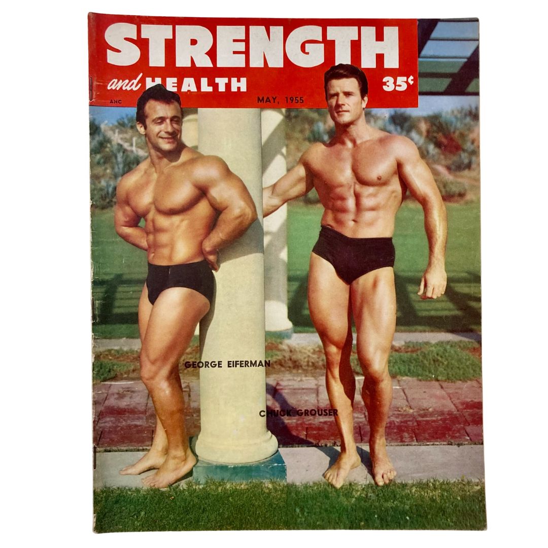 VTG Strength & Health Magazine May 1955 cover featuring bodybuilders George Eiferman and Chuck Grouser.