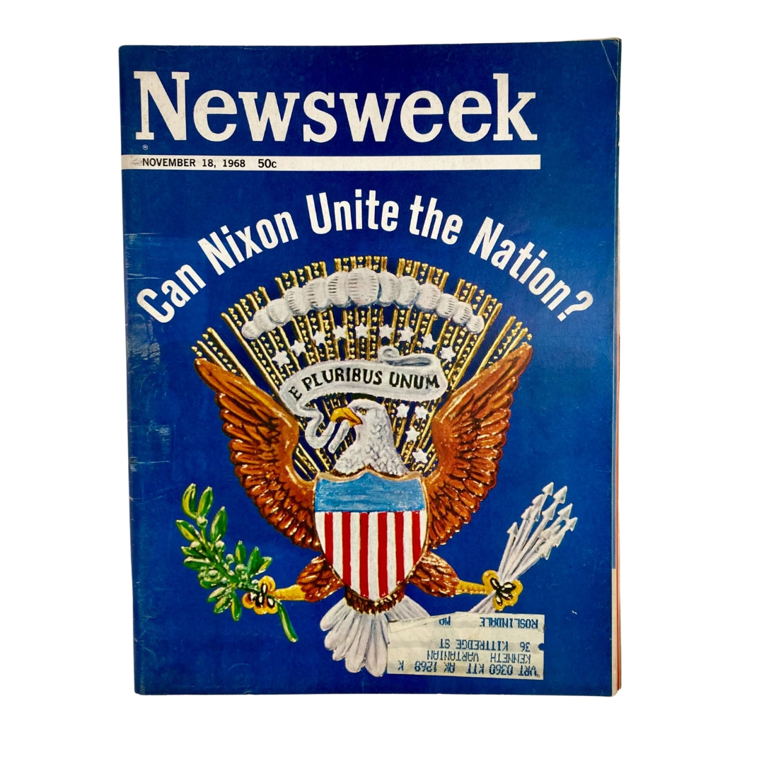 Cover of VTG Newsweek Magazine November 18, 1968, featuring the question 'Can Nixon Unite the Nation?' along with a colorful illustration of the Great Seal of the United States.