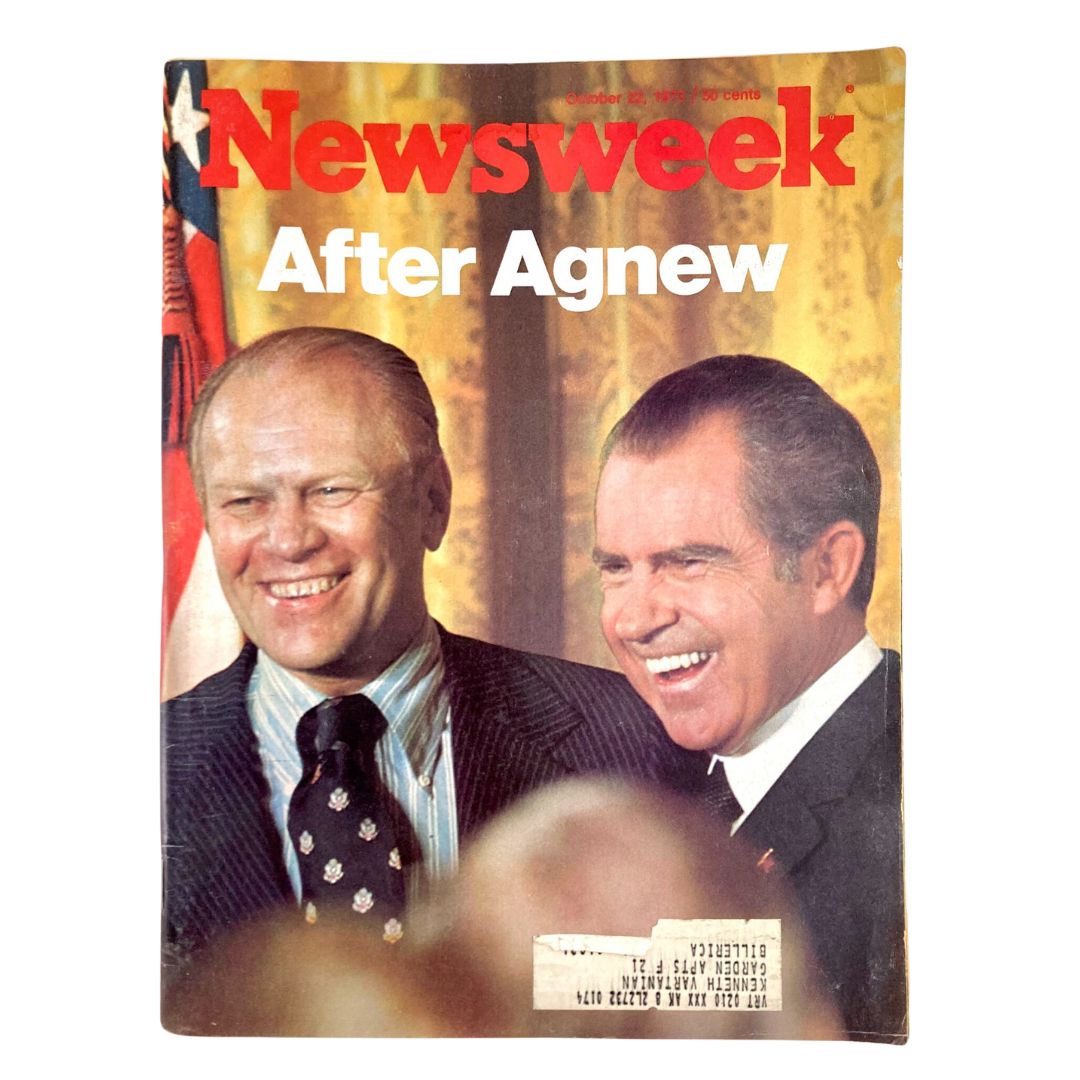 VTG Newsweek Magazine October 22 1973 cover featuring Richard Nixon and Gerald Ford smiling together, highlighting their political connection after Agnew's resignation.