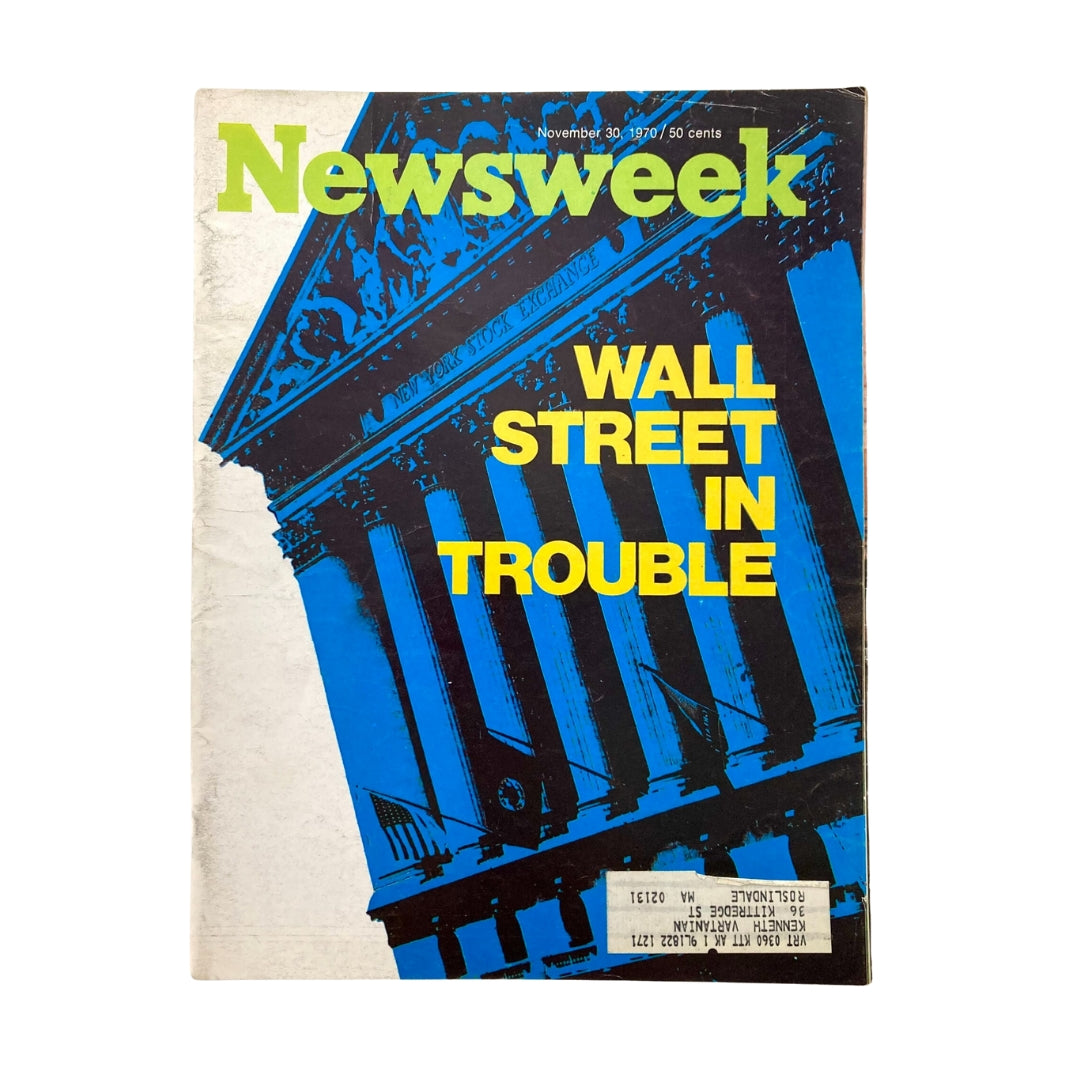 Cover of VTG Newsweek Magazine November 30, 1970 featuring the headline 'Wall Street in Trouble,' showcasing a blue background and illustrations of the New York Stock Exchange.