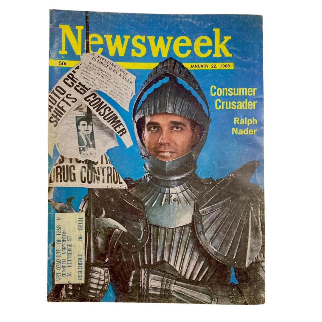 VTG Newsweek Magazine January 22 1968 featuring Consumer Crusader Ralph Nader on the cover, depicting him in a knight-like armor with bold headlines about consumer advocacy.