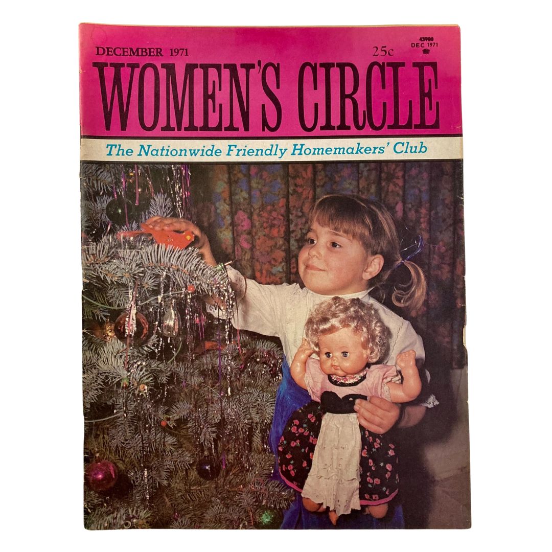 Cover of VTG Women's Circle Magazine December 1971 featuring a child decorating a Christmas tree while holding a doll, showcasing the nostalgic holiday spirit and vintage design.