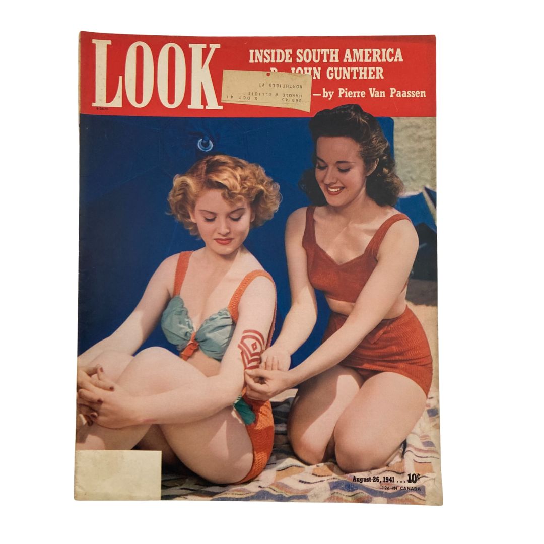 Cover of VTG Look Magazine dated August 26, 1941, featuring two women in vintage swimsuits, one with curly hair and the other with long dark hair, enjoying a beach setting.