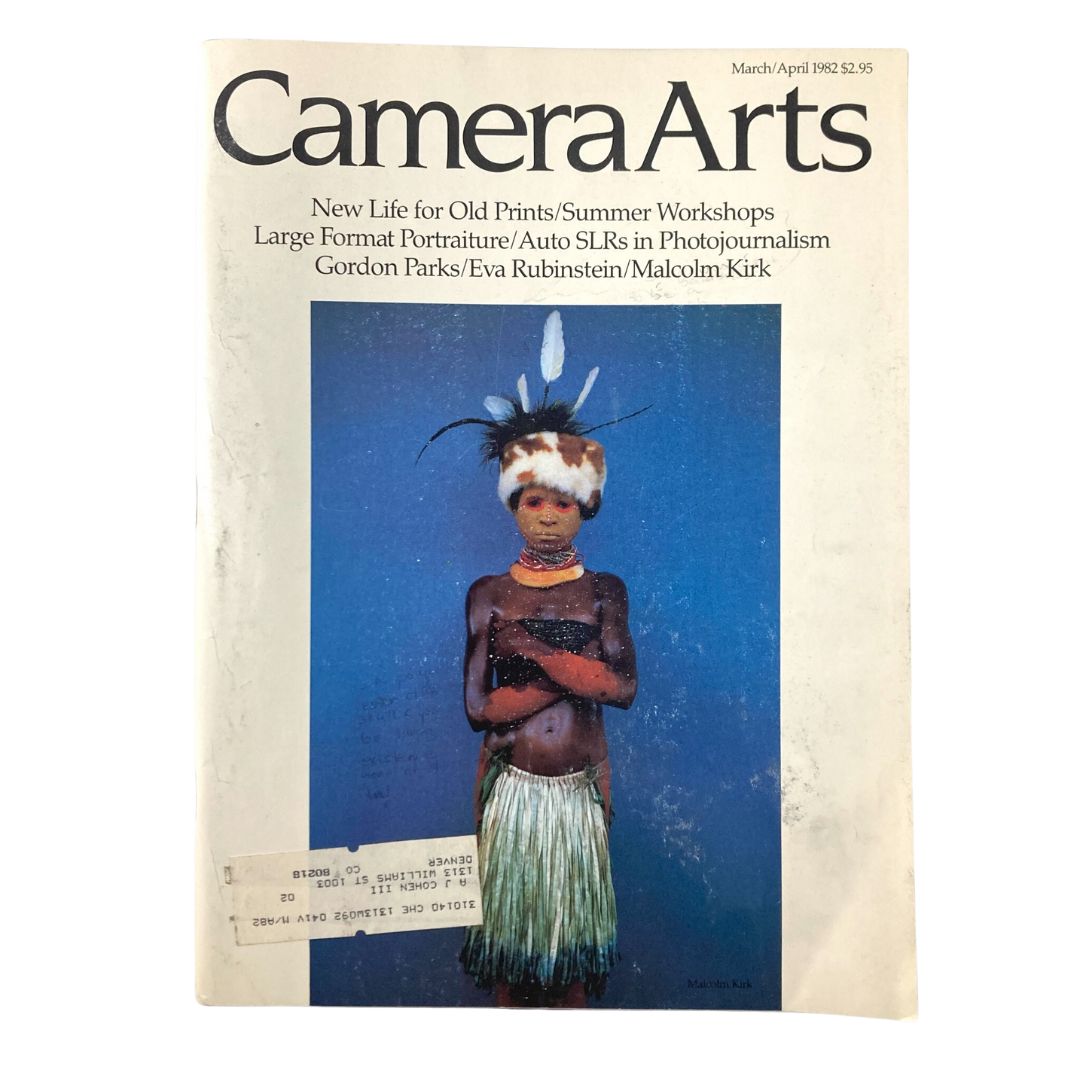 Camera Arts Magazine March 1982 featuring a striking cover photo by Malcolm Kirk, showcasing vibrant colors and a cultural representation, capturing the essence of photography and art.