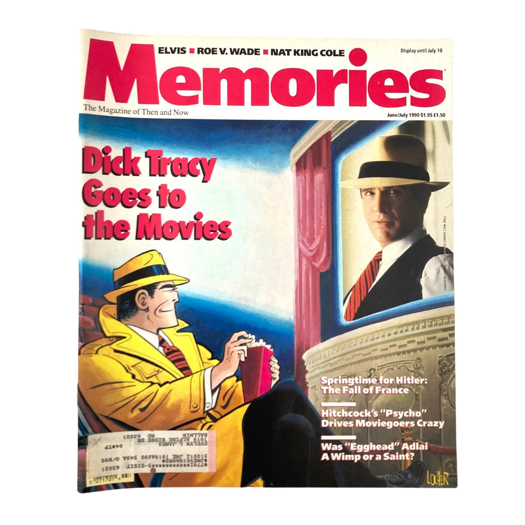 Cover of Memories Magazine of Then and Now, June 1990 edition featuring Dick Tracy Goes to the Movies. The cover showcases an illustration of Dick Tracy in a yellow trench coat and hat, alongside a description of film-related articles, highlighting the magazine's vintage appeal and comic history.