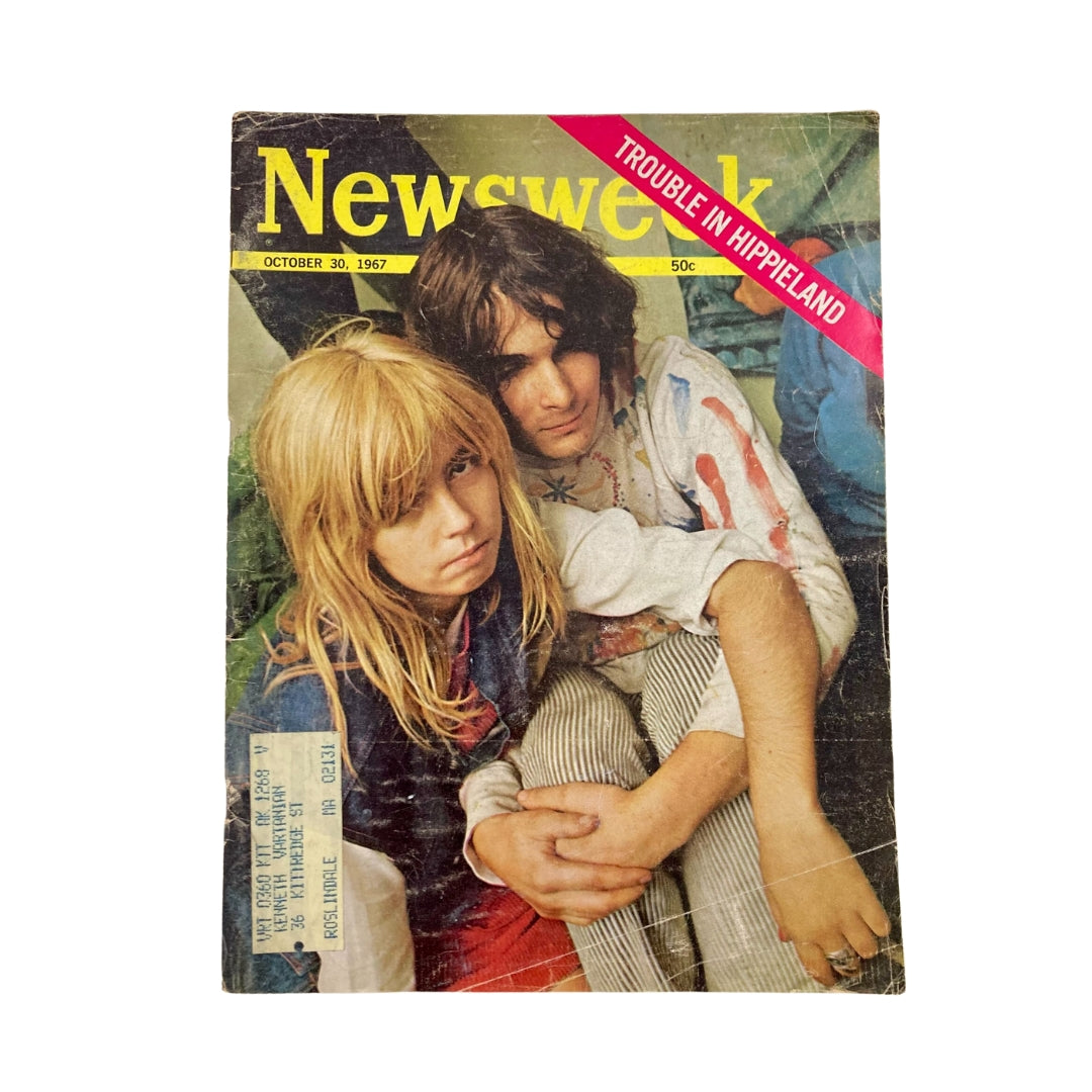 VTG Newsweek Magazine cover from October 30, 1967, featuring the headline "Trouble in Hippieland" with a striking image of two young individuals representing the 1960s counterculture.