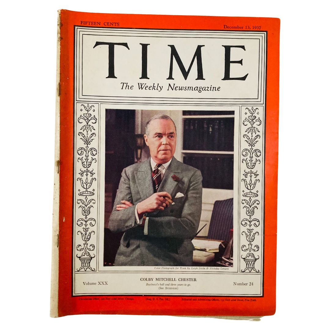 Vintage Time Magazine from December 13, 1937, featuring Colby Mitchell Chester on the cover. The magazine displays a portrait of Chester in a suit, showcasing historical journalism and culture from the era.