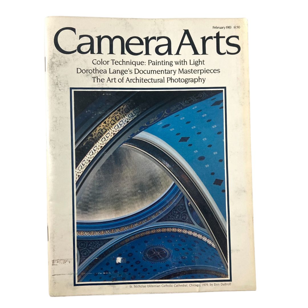 Cover of Camera Arts Magazine, February 1983, featuring The Art of Architectural Photography. The cover showcases an intricate architectural design with vibrant blue colors, demonstrating the magazine's focus on architectural photography.