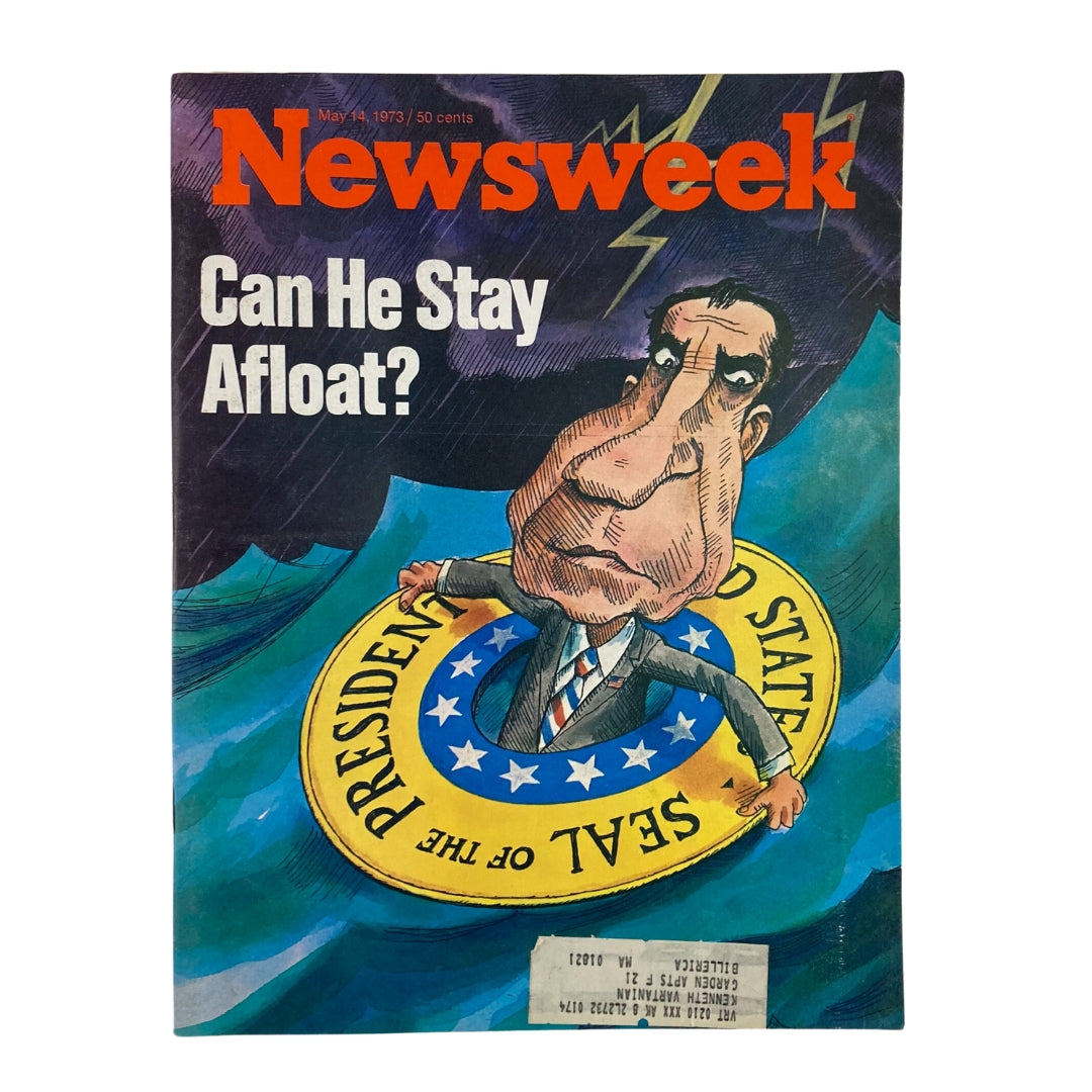 VTG Newsweek Magazine May 14 1973 cover featuring a caricature of Richard Nixon with the title 'Can He Stay Afloat?' showcasing political themes of the 1970s.