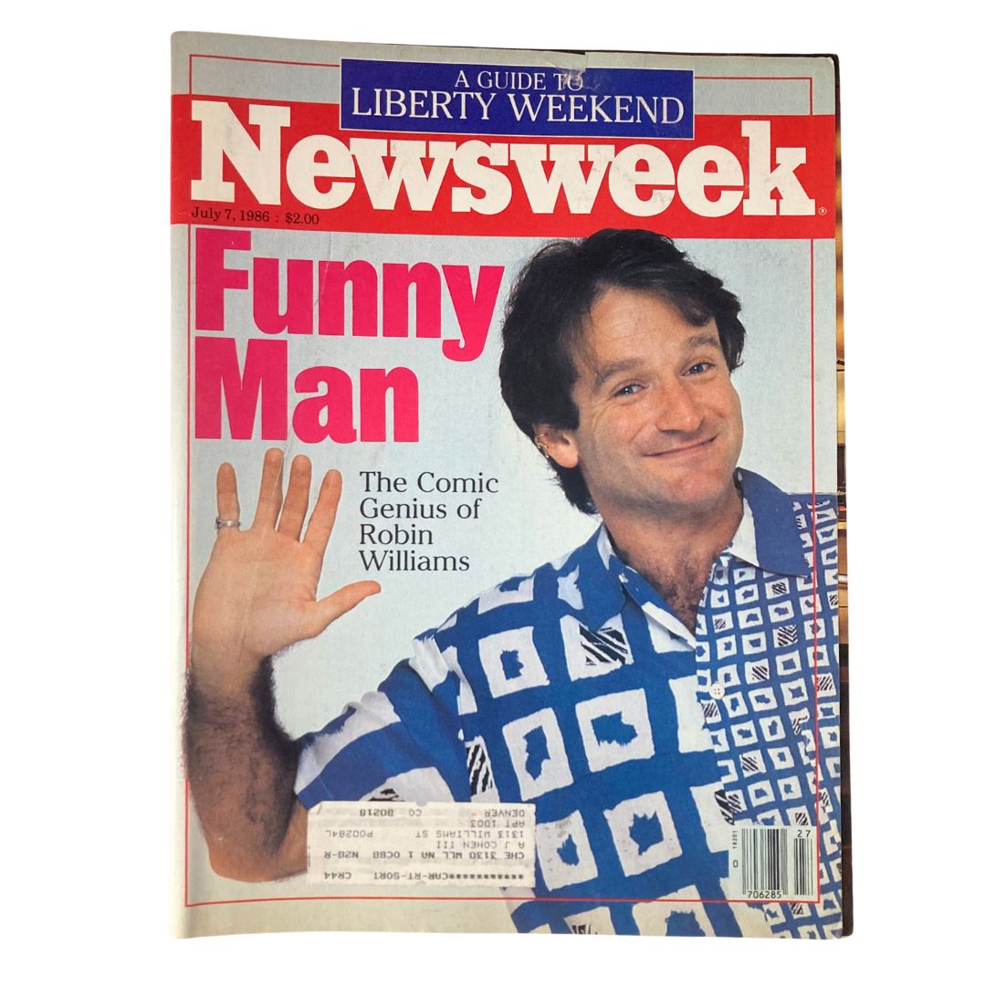Vintage Newsweek Magazine from July 7, 1986 featuring Robin Williams on the cover, showcasing the title 'The Comic Genius of Robin Williams' with a colorful layout.