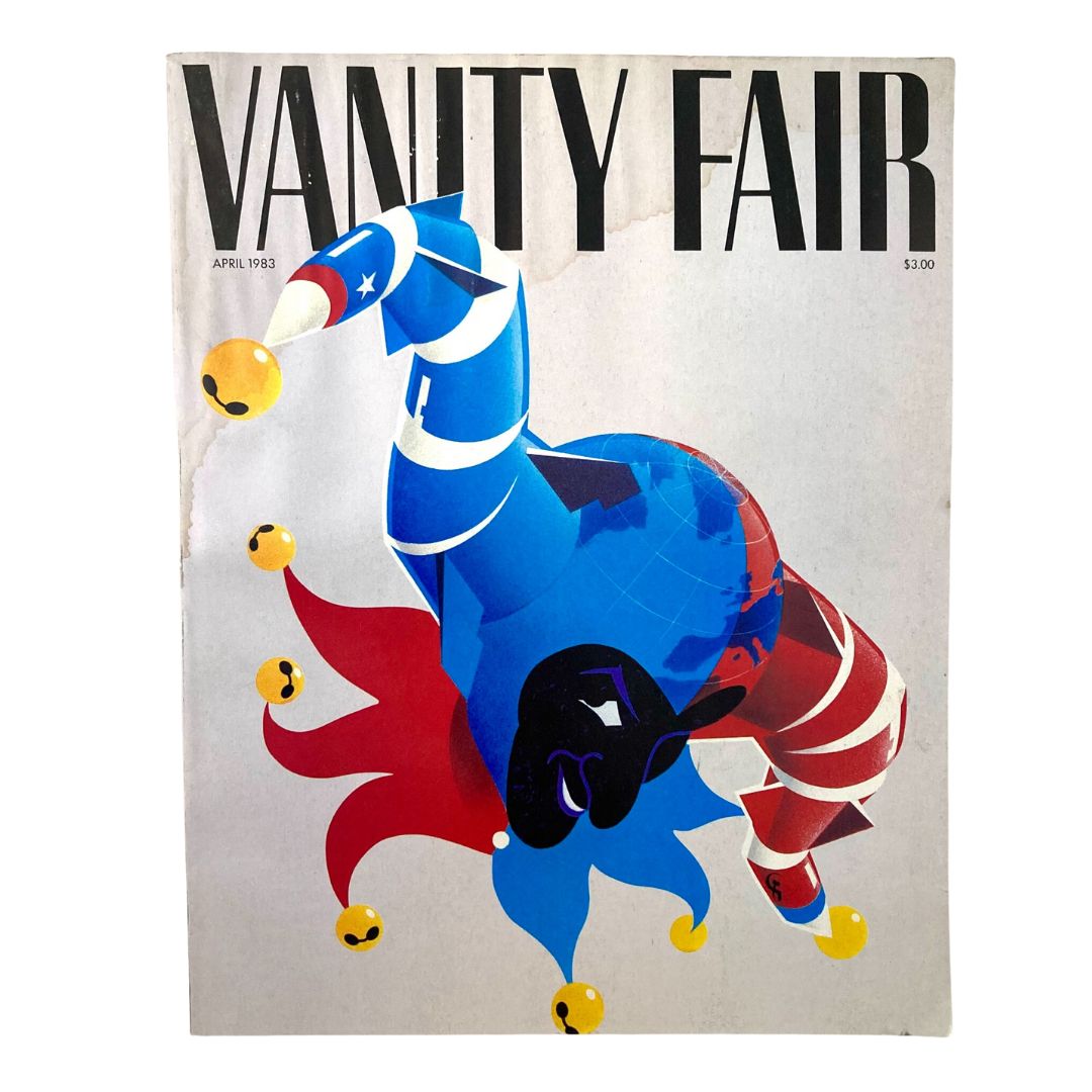 VTG Vanity Fair Magazine April 1983 Cover Illustration by Mick Haggerty showcasing an artistic design featuring a colorful jester character.