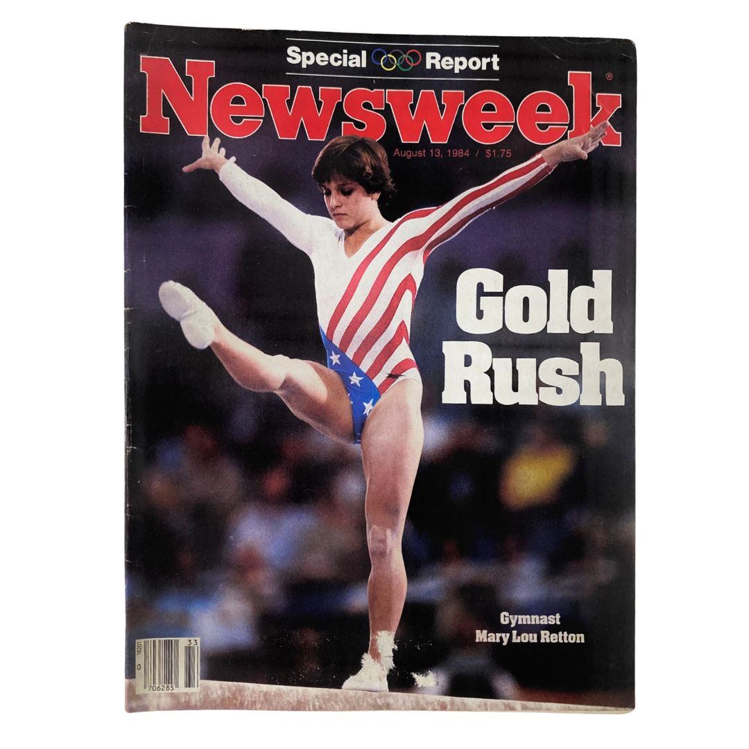 VTG Newsweek Magazine August 13 1984 cover featuring gymnast Mary Lou Retton performing in a stars and stripes leotard, highlighting the theme 'Gold Rush'.