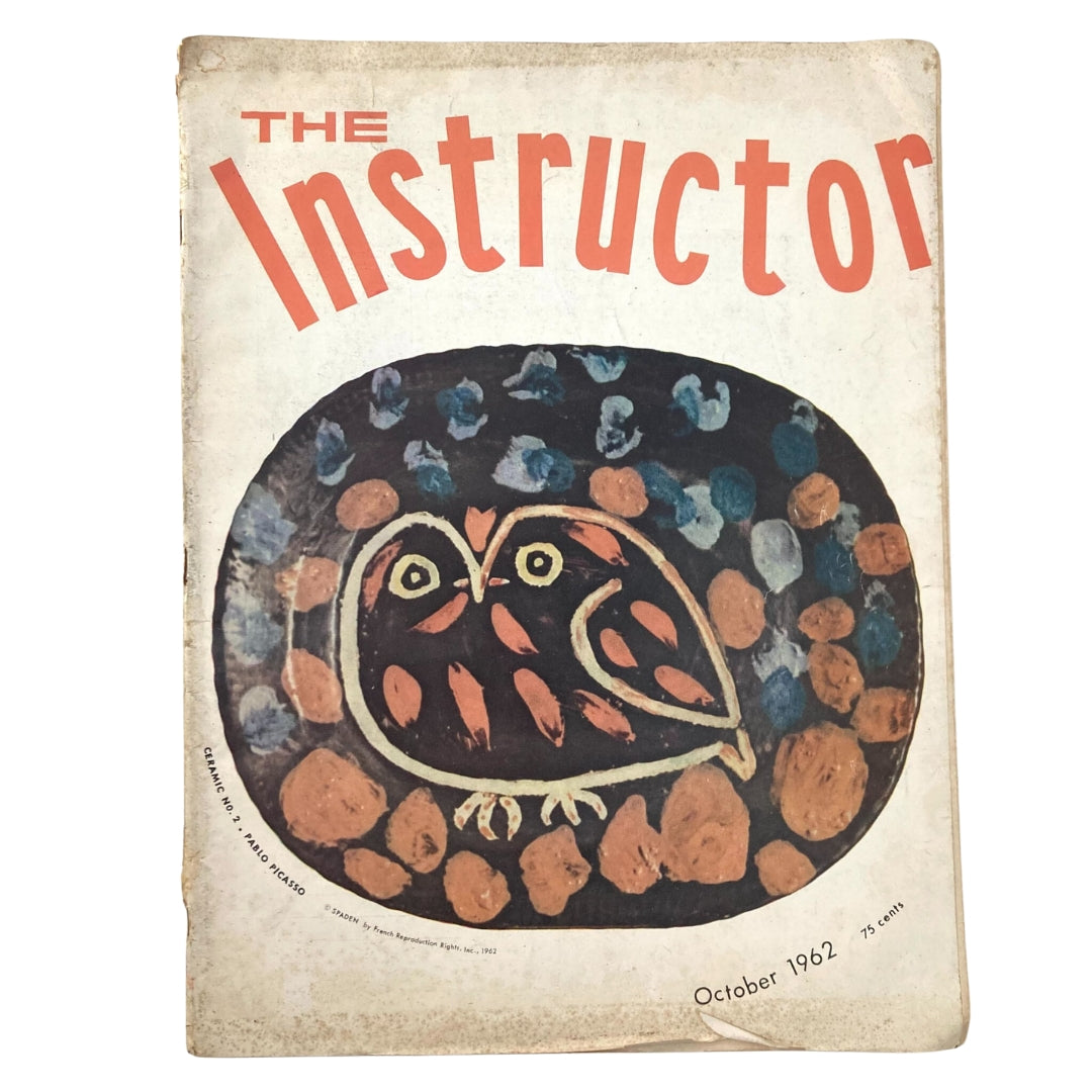 Cover of VTG The Instructor Magazine October 1962 featuring artwork of an owl by Pablo Picasso, showcasing vintage design elements.