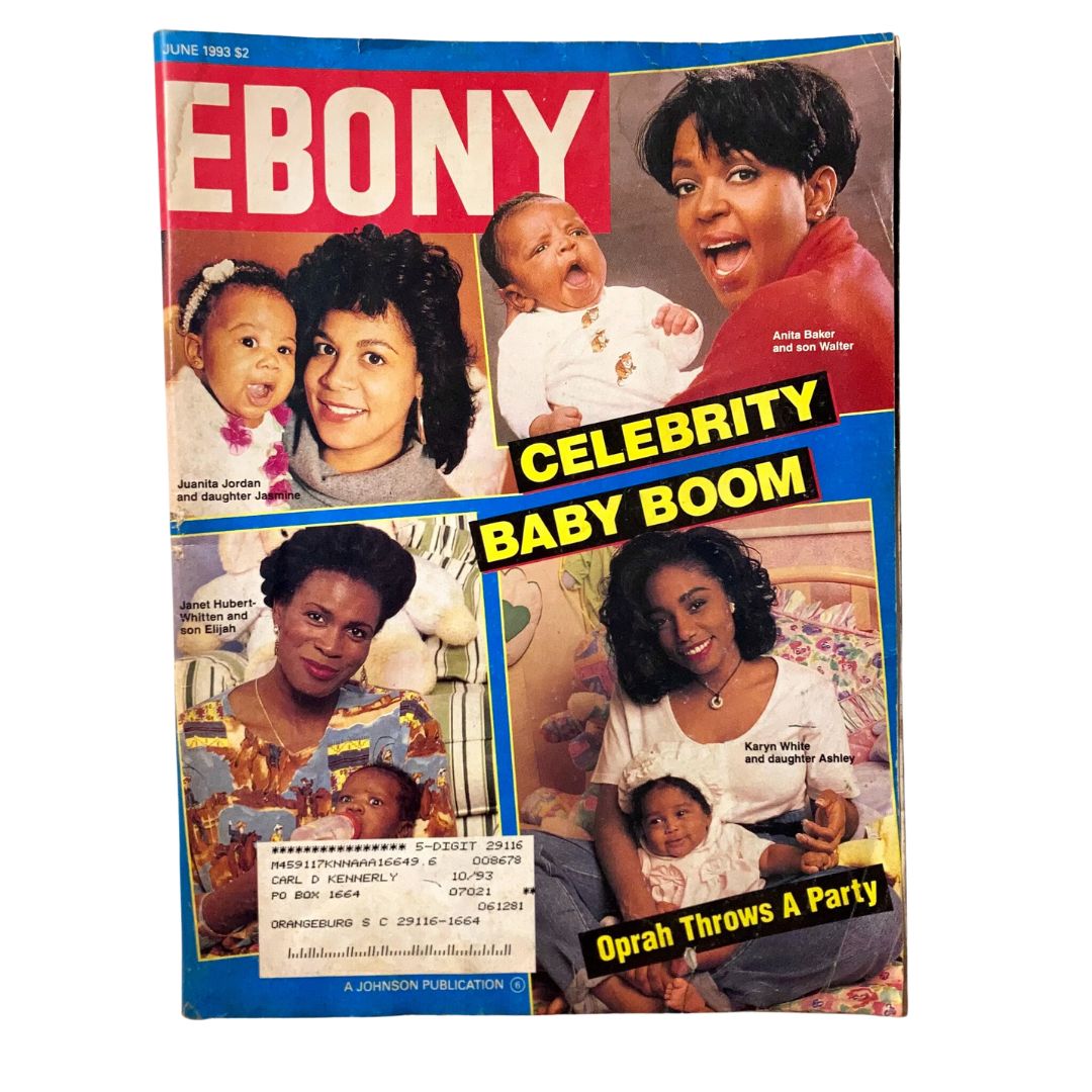Ebony Magazine June 1993 cover featuring Anita Baker with her son Walter, Juanita Jordan with her daughter, and Karyn White with her daughter Ashley, highlighting the theme 'Celebrity Baby Boom'.