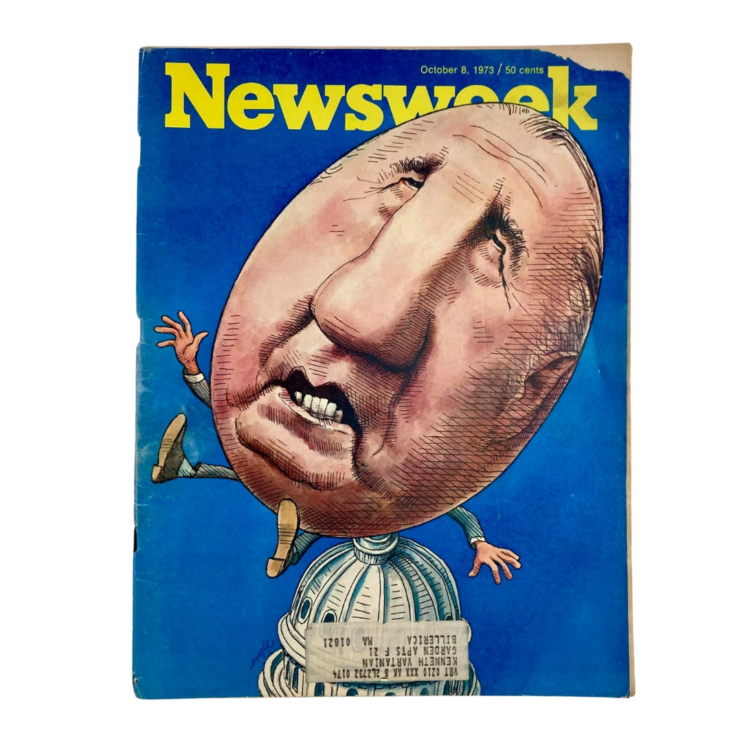 Cover of VTG Newsweek Magazine dated October 8, 1973, featuring a caricature of Spiro T. Agnew with the title "Spiro T. Agnew Fights Back" against a blue background.