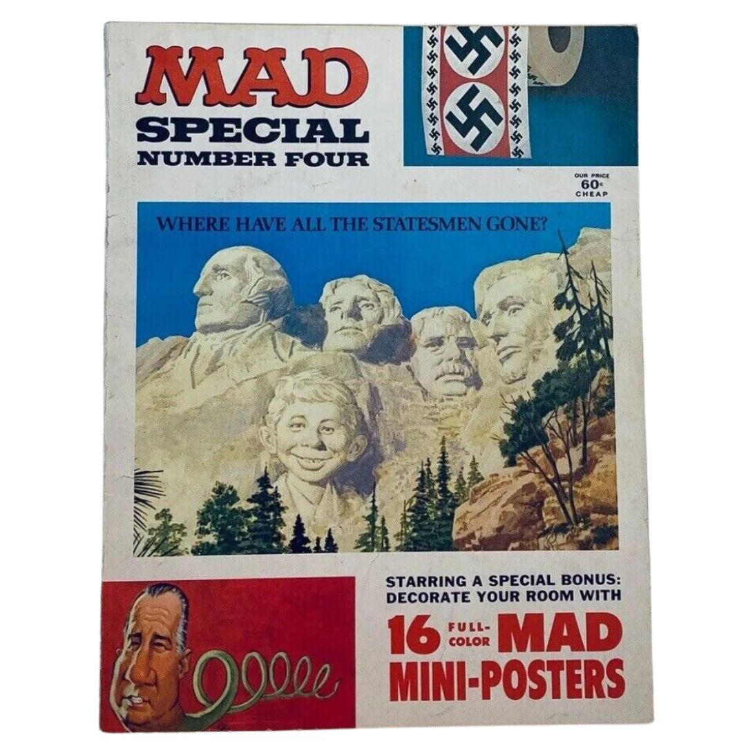 Cover of Mad Super Special Magazine No. 4 from 1971 featuring the headline 'Where Have All the Statesmen Gone?' with an illustration of iconic statues and a caricature of a boy.