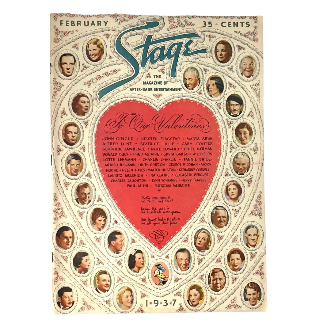 VTG Stage Magazine February 1937 cover featuring John Gielgud and Kirsten Flagstad, with illustrations of various actors in decorative heart shapes.
