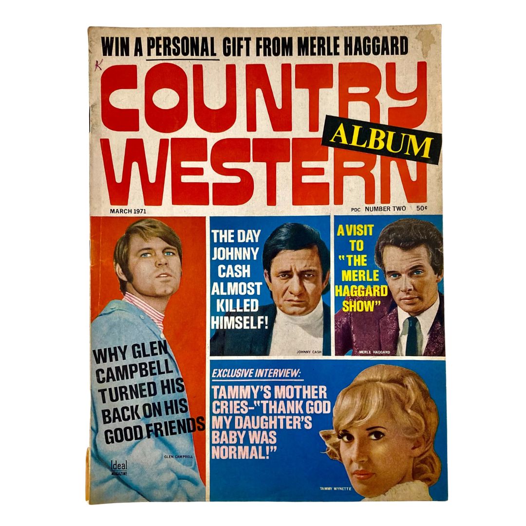 Cover of Country Western Album Magazine No. 2 from March 1971 featuring Glen Campbell and headlines about Johnny Cash, Merle Haggard, and Tammy Wynette.