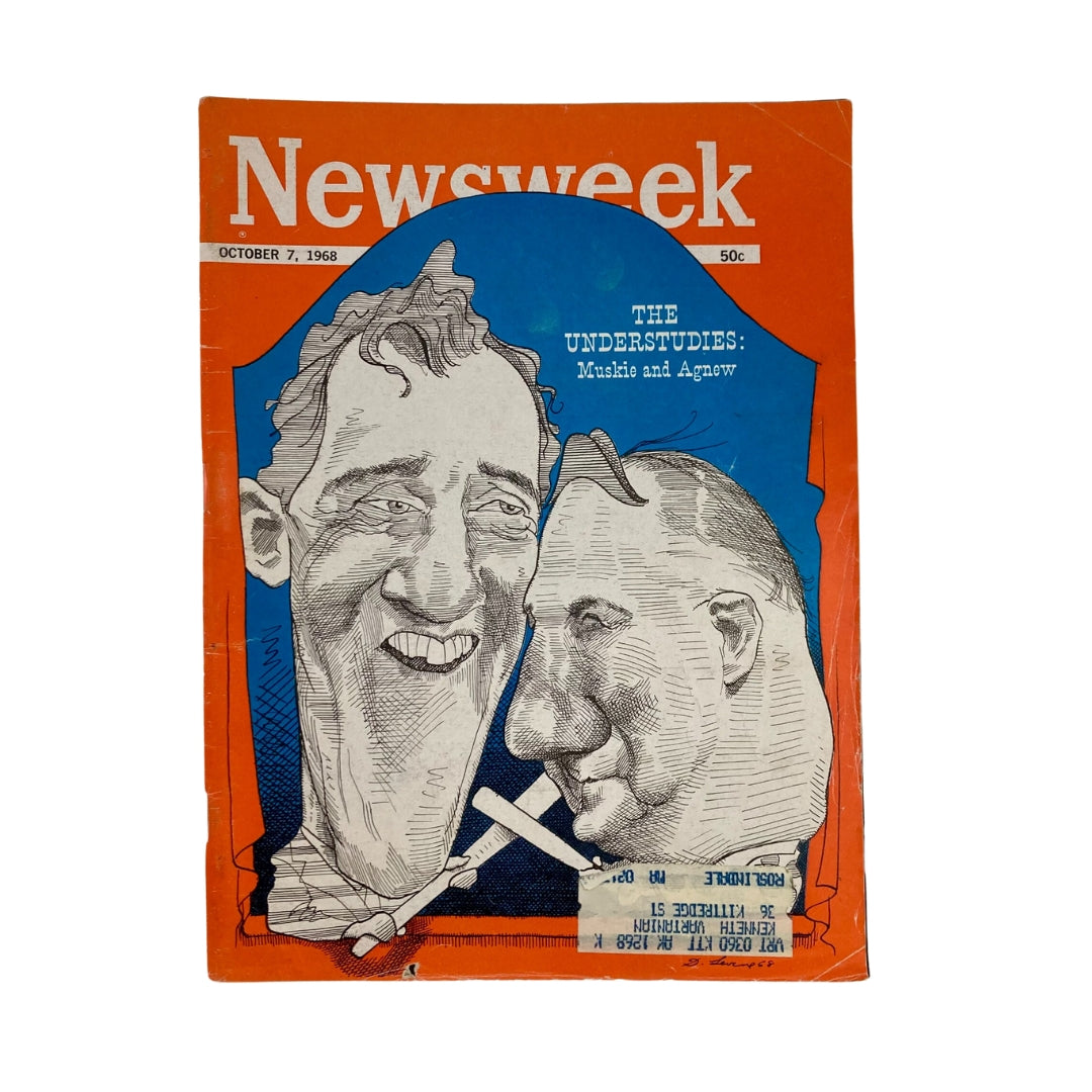 Vintage Newsweek Magazine cover from October 7, 1968, featuring Edmund Muskie and Spiro T. Agnew, highlighting their political significance during the election period.