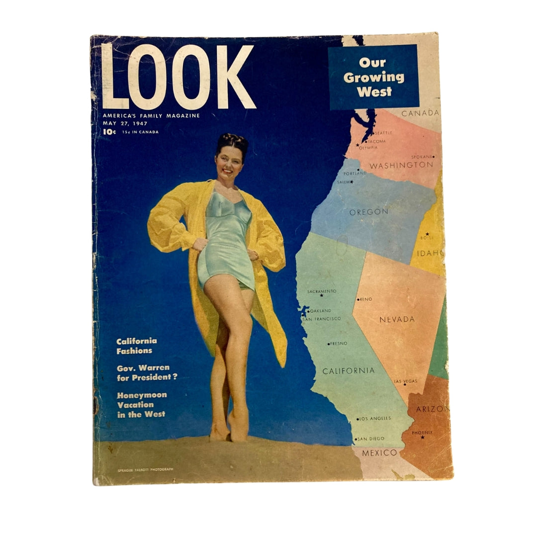 Cover of VTG Look Magazine May 27, 1947 featuring a woman in a bathing suit with a yellow cover-up, highlighting 'Our Growing West' and California Fashions.