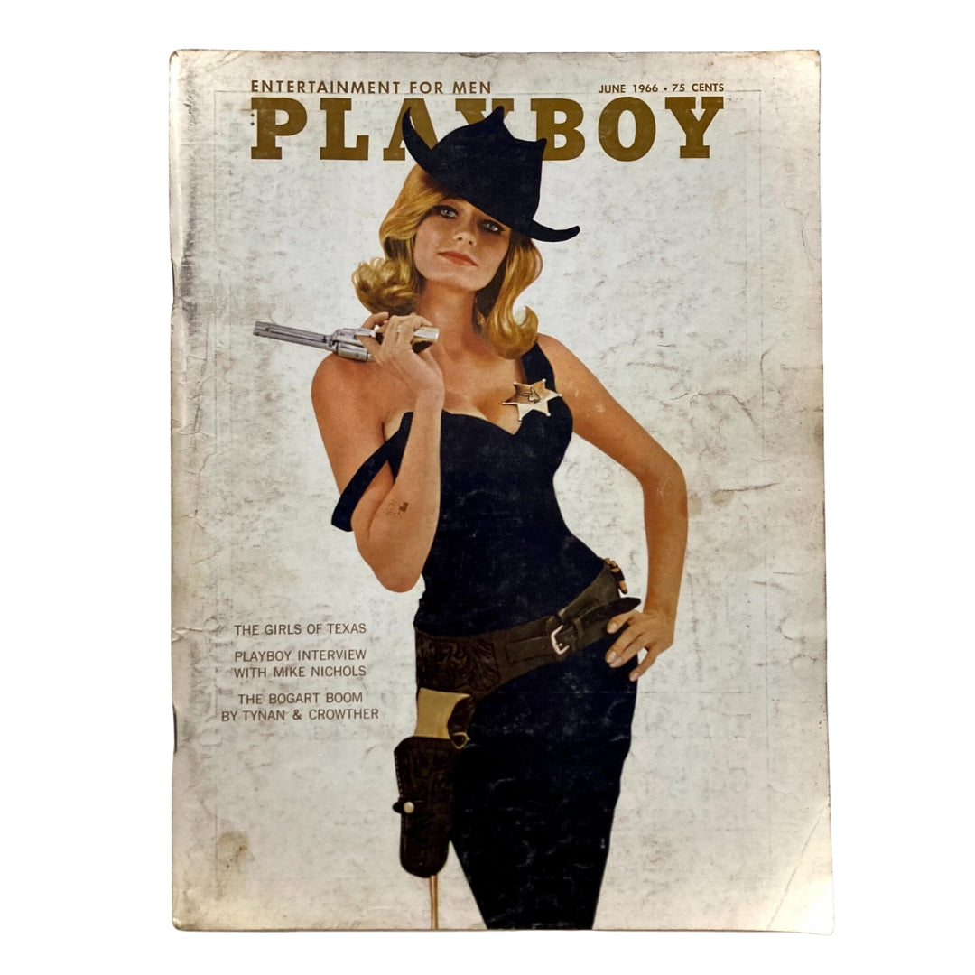 VTG Playboy Magazine June 1966 cover featuring Mary Warren dressed as a Western sheriff holding a gun, showcasing vintage art and culture.