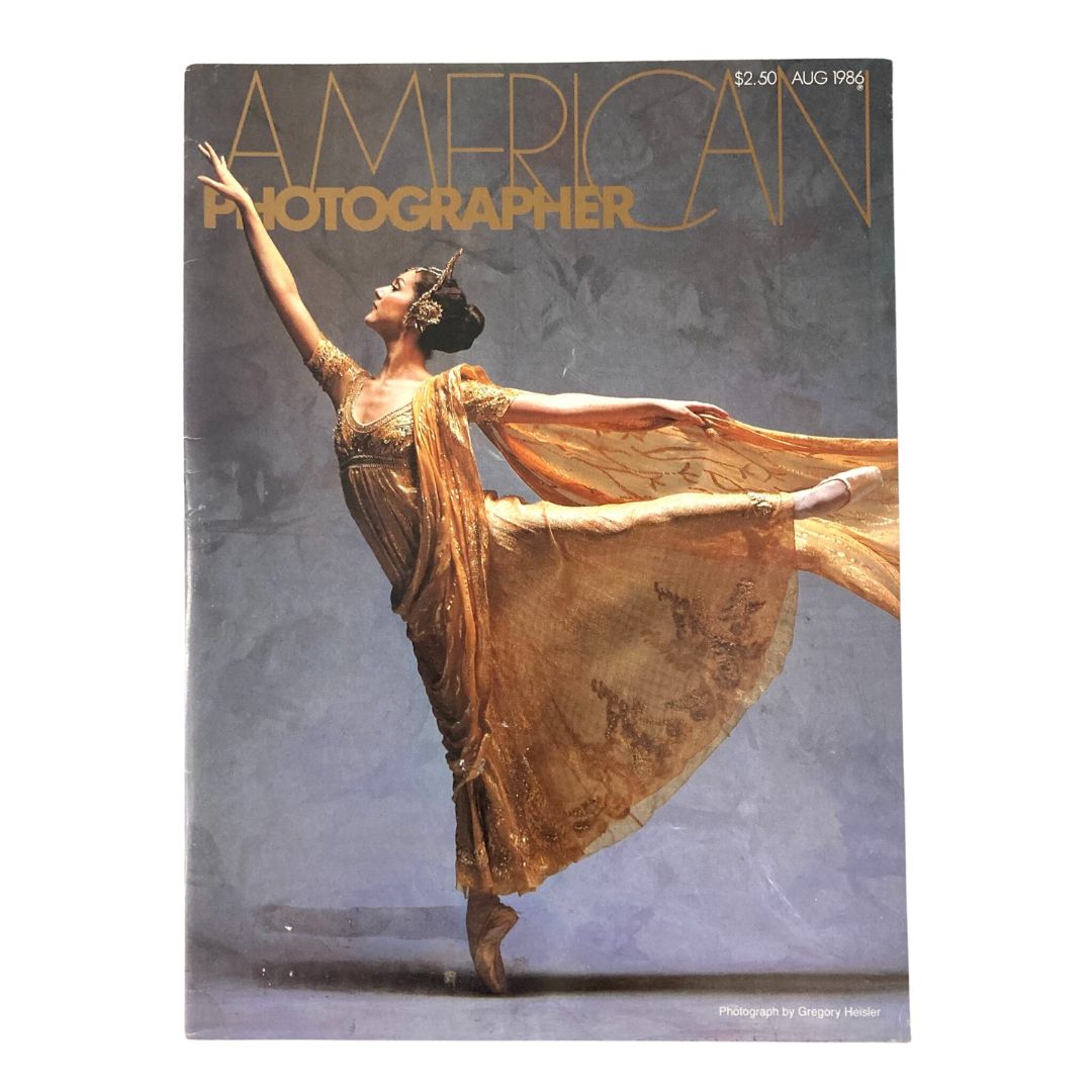 Cover of American Photographer Magazine August 1986 featuring dancer Cynthia Harvey in a stunning gold costume captured by photographer Gregory Heisler.