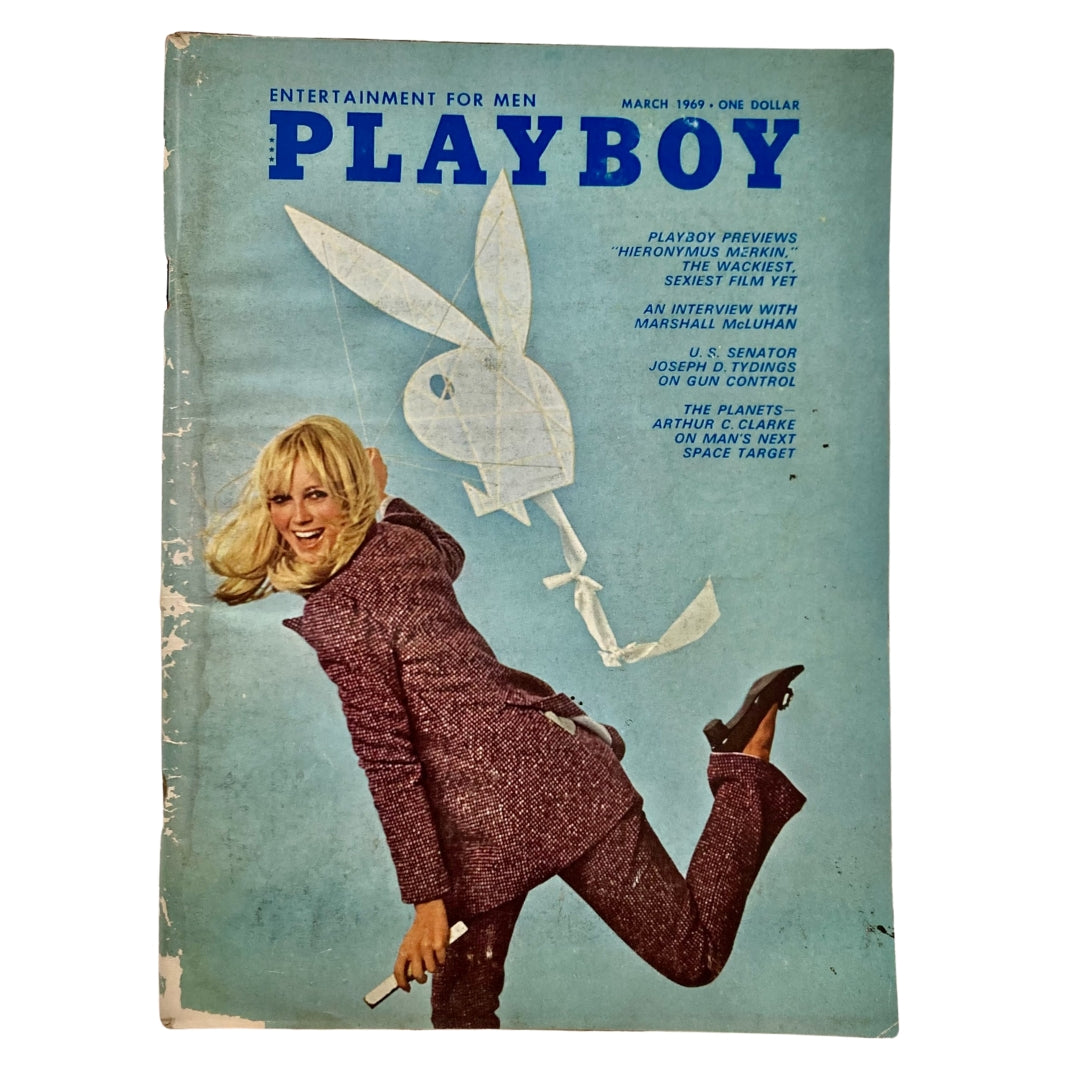VTG Playboy Magazine March 1969 featuring Playmate Kathy MacDonald on the cover with vibrant blue background and iconic bunny logo.