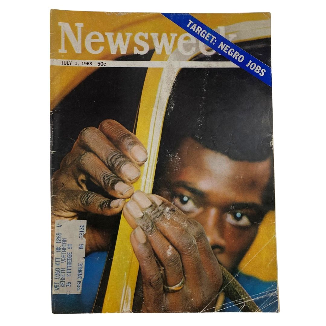 Cover of VTG Newsweek Magazine July 1, 1968 featuring a close-up of a person handling a newspaper, highlighting the topic 'Target: Negro Jobs' related to employment disparities in America.