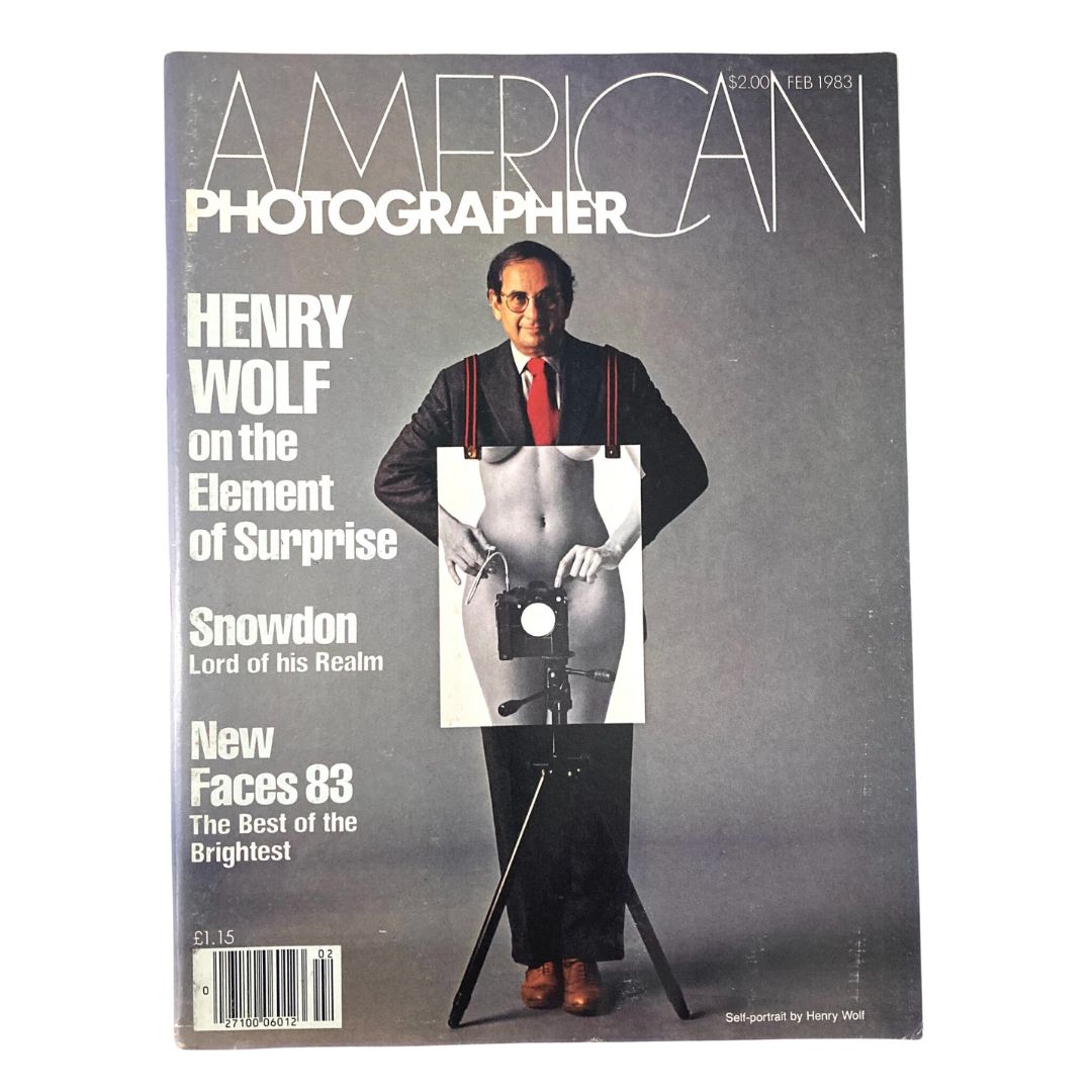Cover of American Photographer Magazine February 1983 featuring a self-portrait by Henry Wolf, showcasing photography themes and techniques.