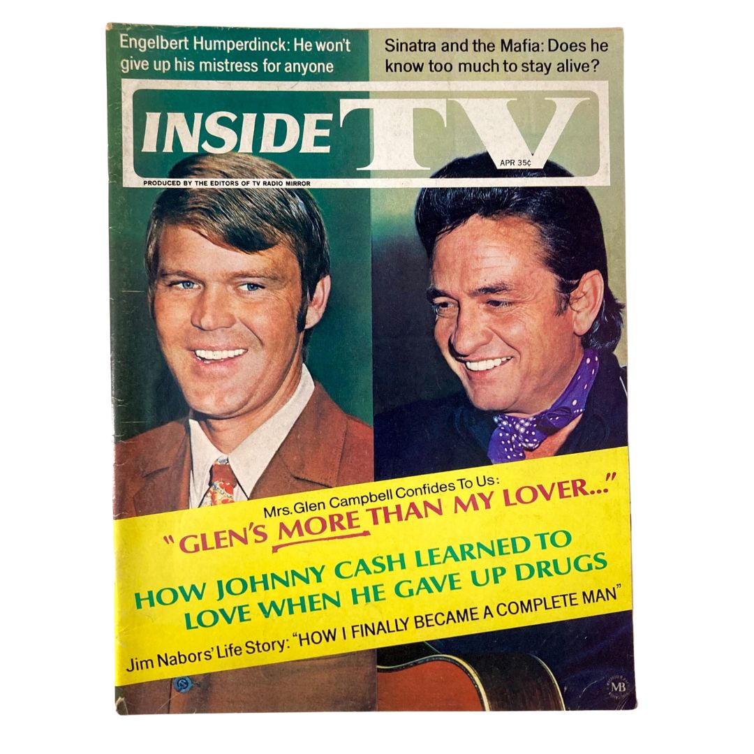 VTG Inside TV Magazine April 1970 featuring Johnny Cash and Glen Campbell on the cover, showcasing headlines about their lives and careers.