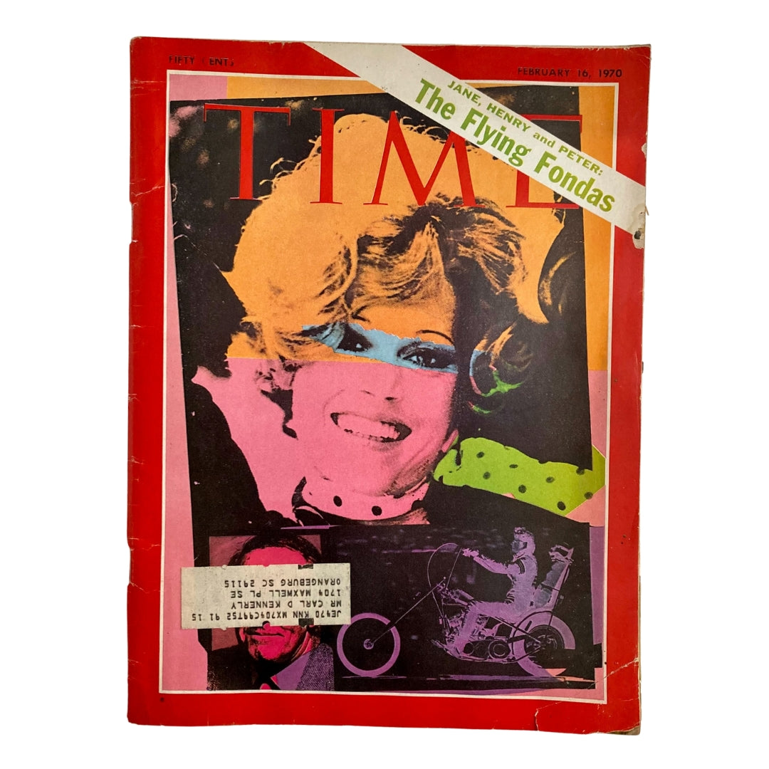 Vintage Time Magazine cover from February 16, 1970, featuring 'The Flying Fondas' with a bold, colorful design showcasing Jane, Henry, and Peter Fonda, highlighting their impact on Hollywood.