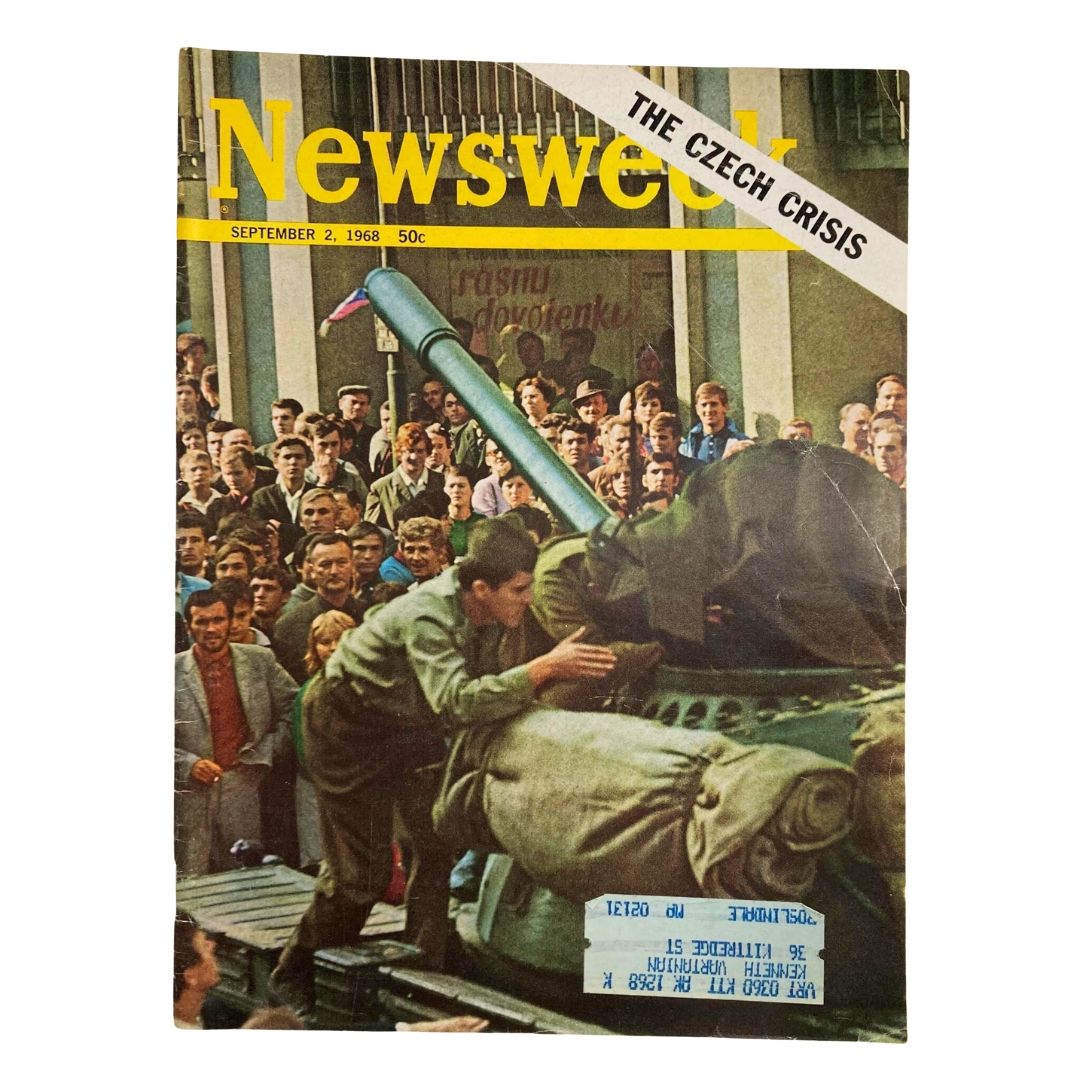 Cover of VTG Newsweek Magazine dated September 2, 1968, featuring the headline 'The Czech Crisis' with an image depicting the invasion of Czechoslovakia and crowds of people.