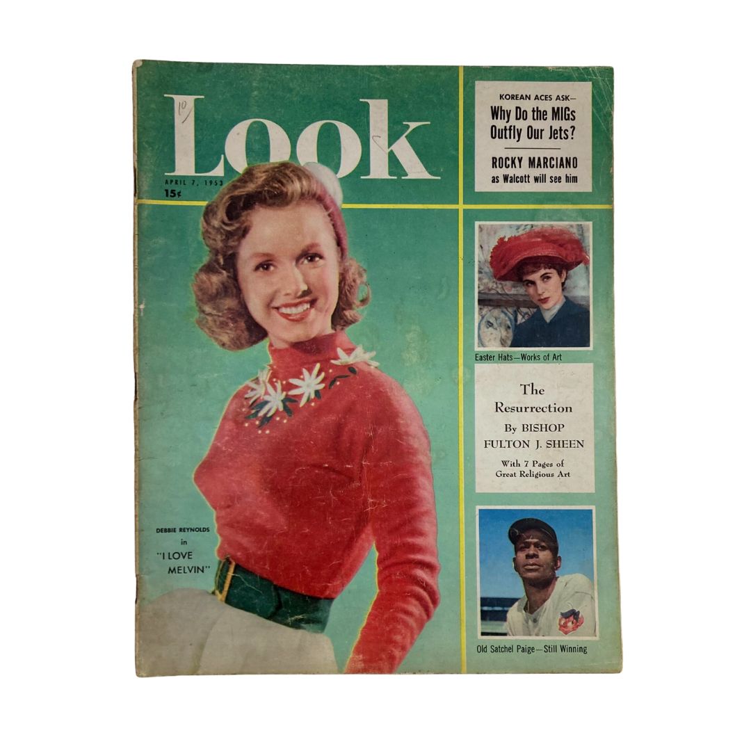 VTG Look Magazine April 7 1953 featuring Debbie Reynolds in I Love Melvin on the cover, showcasing vibrant 1950s fashion and Hollywood charm.