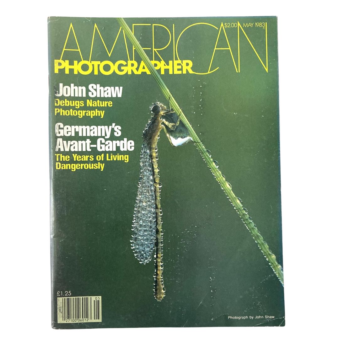 American Photographer Magazine May 1983 cover featuring a stunning Damselfly and Dew photograph showcasing nature photography.