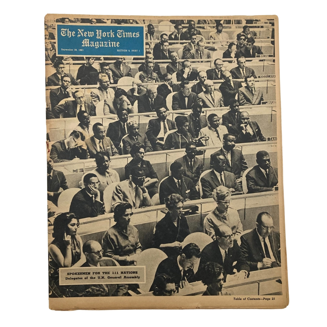 Cover of The New York Times Magazine September 29, 1963 featuring an assembly of international delegates at the U.N. General Assembly for the article 'Spokesmen for 11 Nations'.