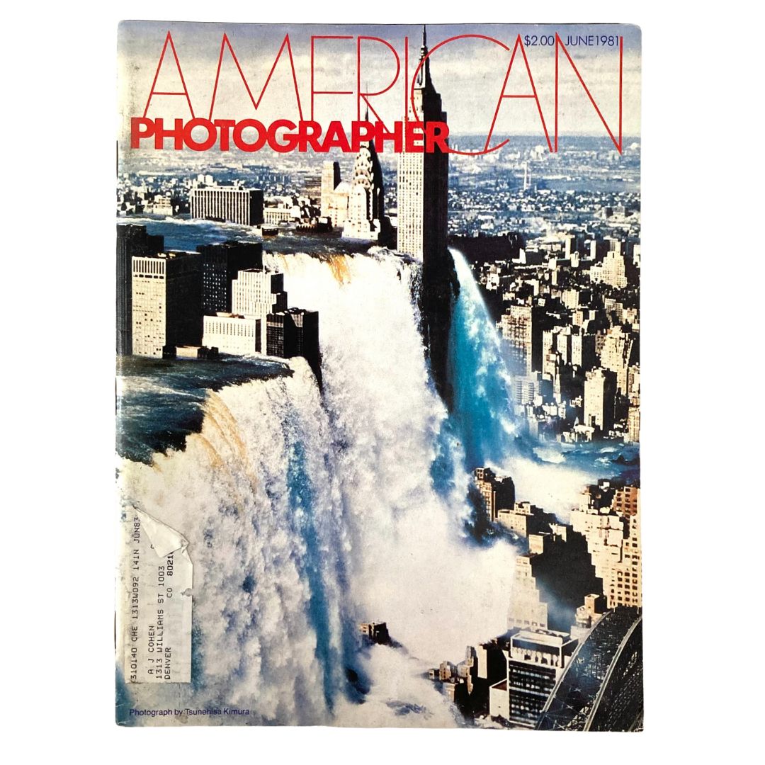 Cover of American Photographer Magazine June 1981 featuring a striking image of waterfall cascading over city skyline, highlighting the issue's theme.