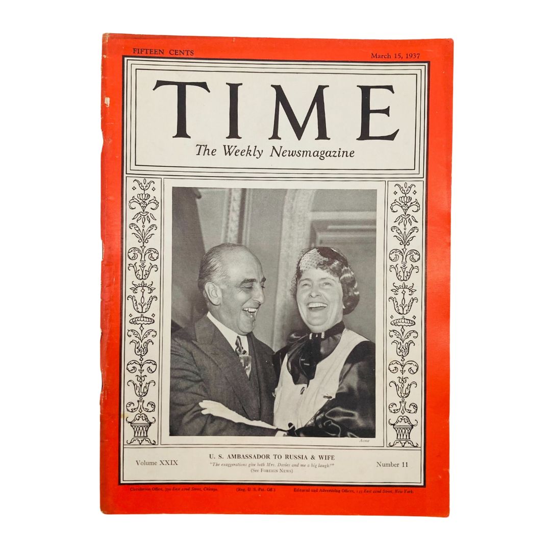 Vintage Time Magazine cover from March 15, 1937, featuring U.S. Ambassador to Russia, Joseph Edward Davies, and his wife, showcasing historical American culture.