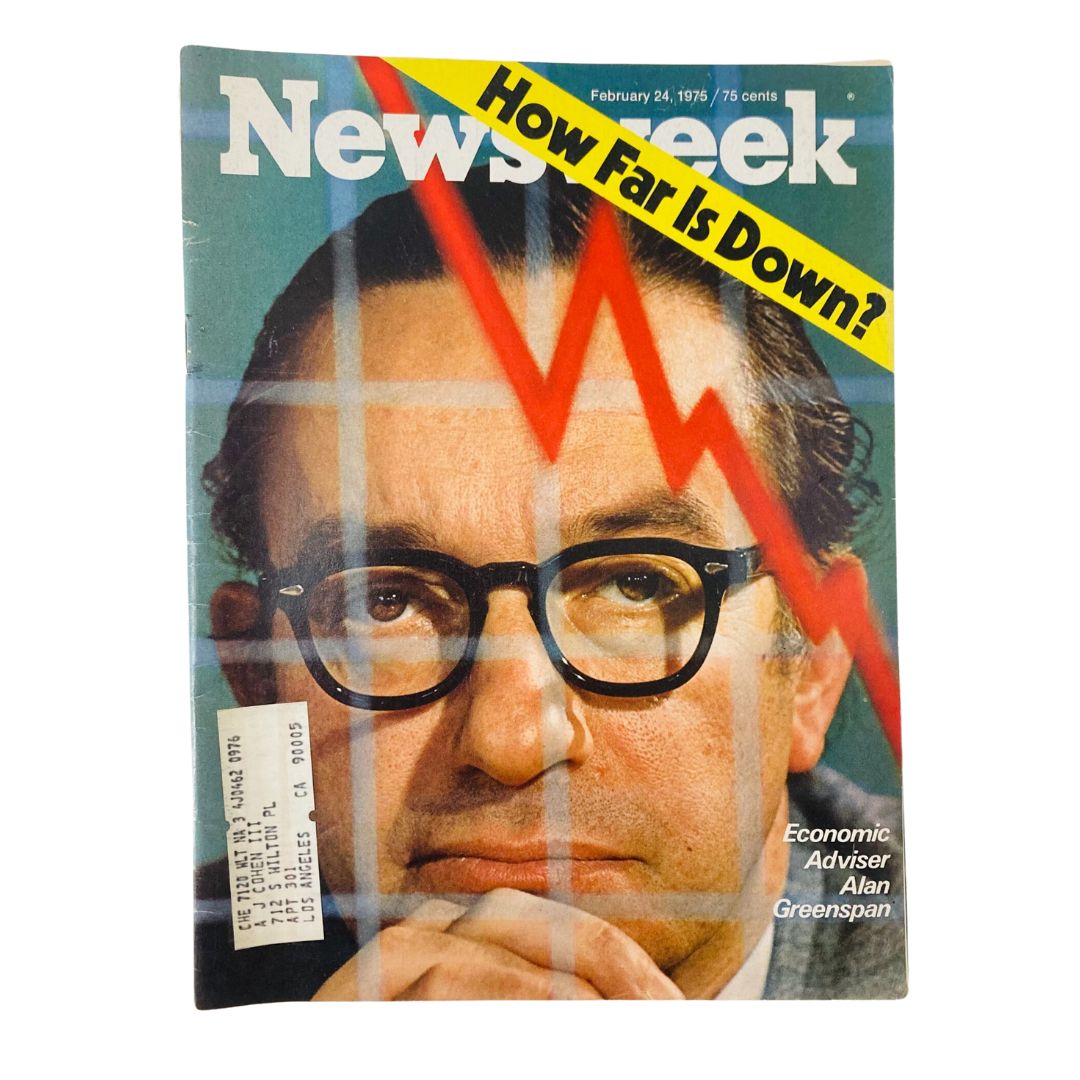 VTG Newsweek Magazine February 24 1975 featuring a cover image of economic adviser Alan Greenspan with the headline 'How Far Is Down?' illustrating economic trends.