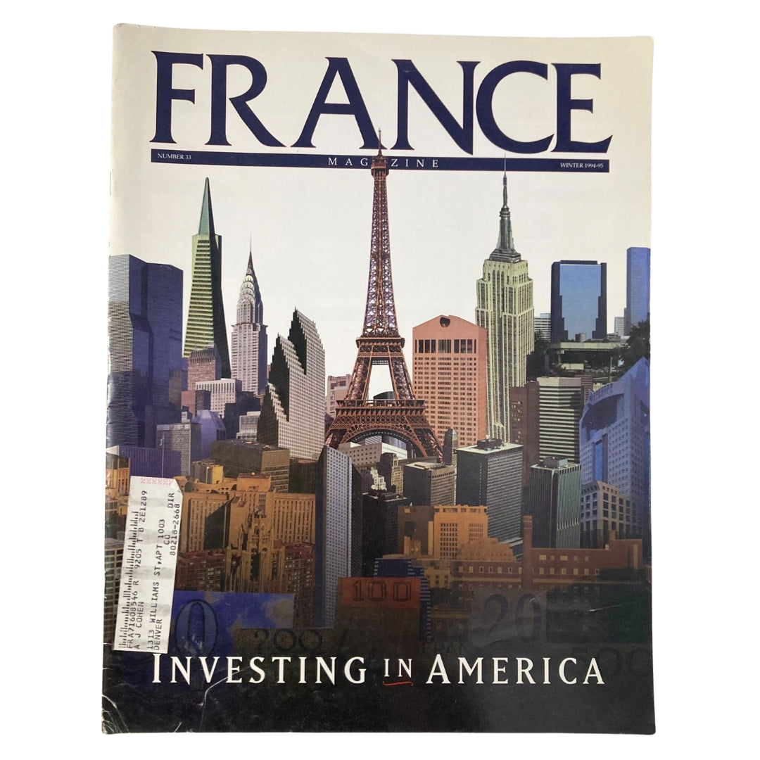 Cover of France Magazine Winter 1994 No. 33 featuring the title 'Investing in America' with a graphic of New York City skyline and the Eiffel Tower.