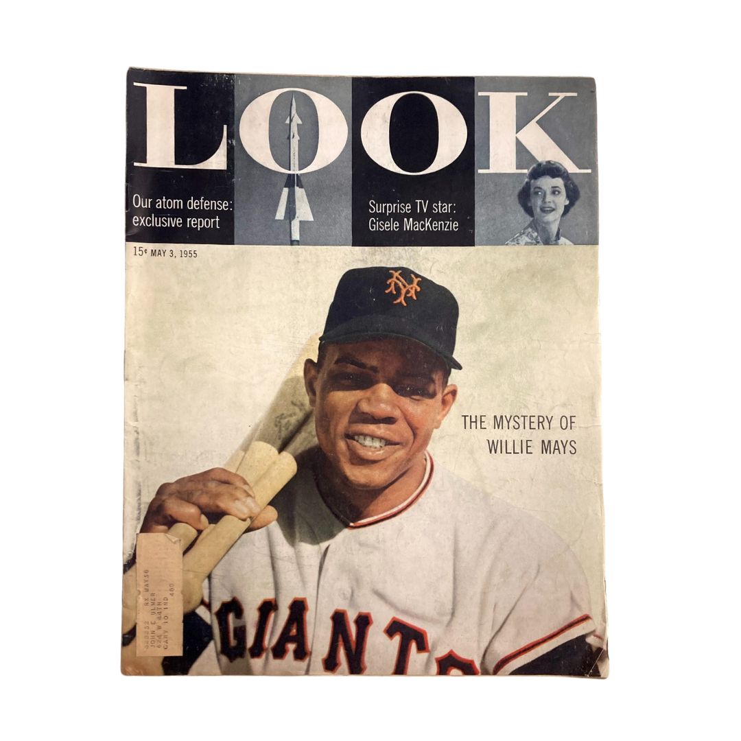 Cover of the vintage Look Magazine from May 3, 1955, featuring Volume 19, Number 9, highlighting 'The Mysteries of Willie Mays.' The cover showcases Willie Mays, wearing a New York Giants jersey and cap, with a bat in hand.