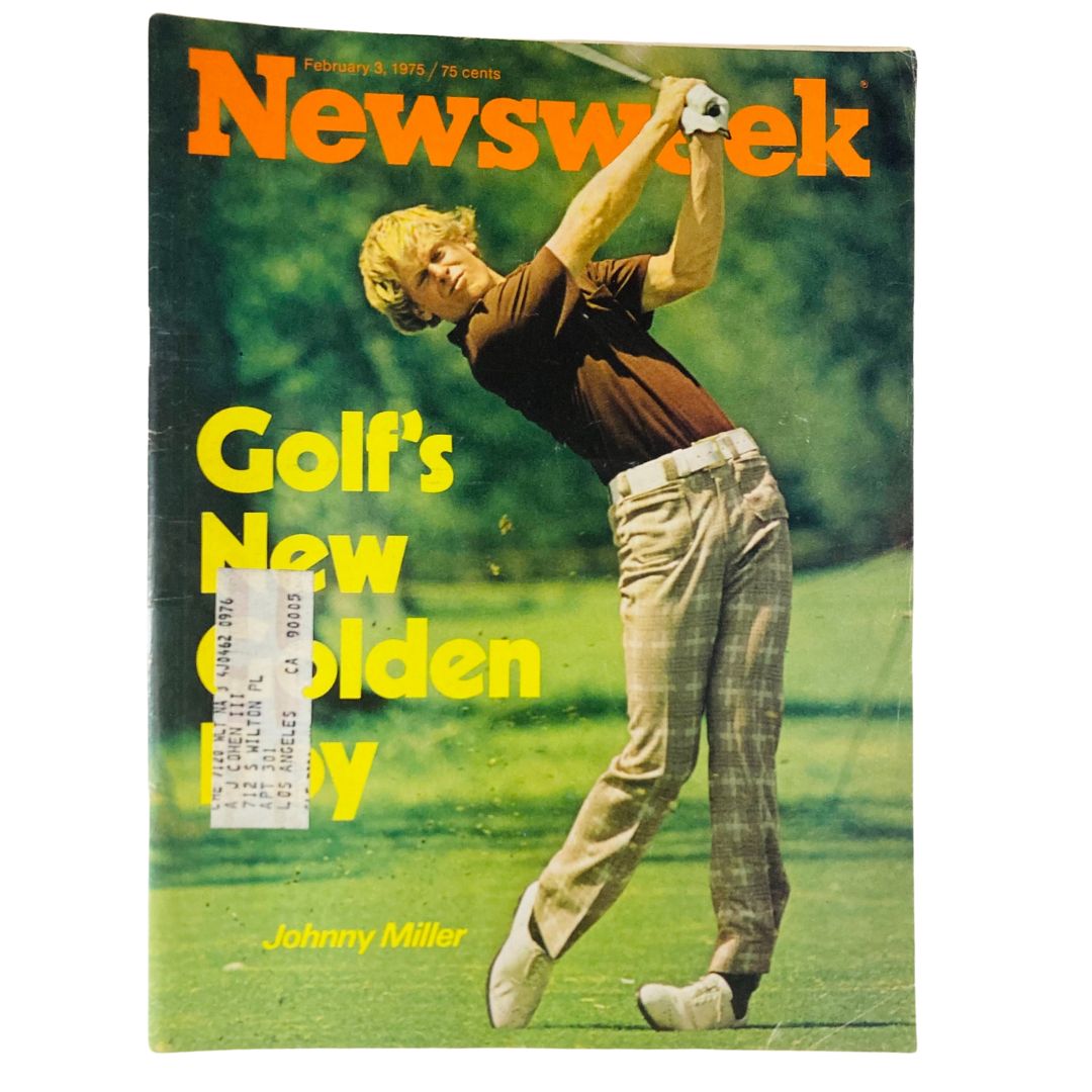VTG Newsweek Magazine February 3 1975 featuring Johnny Miller on the cover, highlighted as 'Golf's New Golden Boy', showcasing his iconic golfing pose.