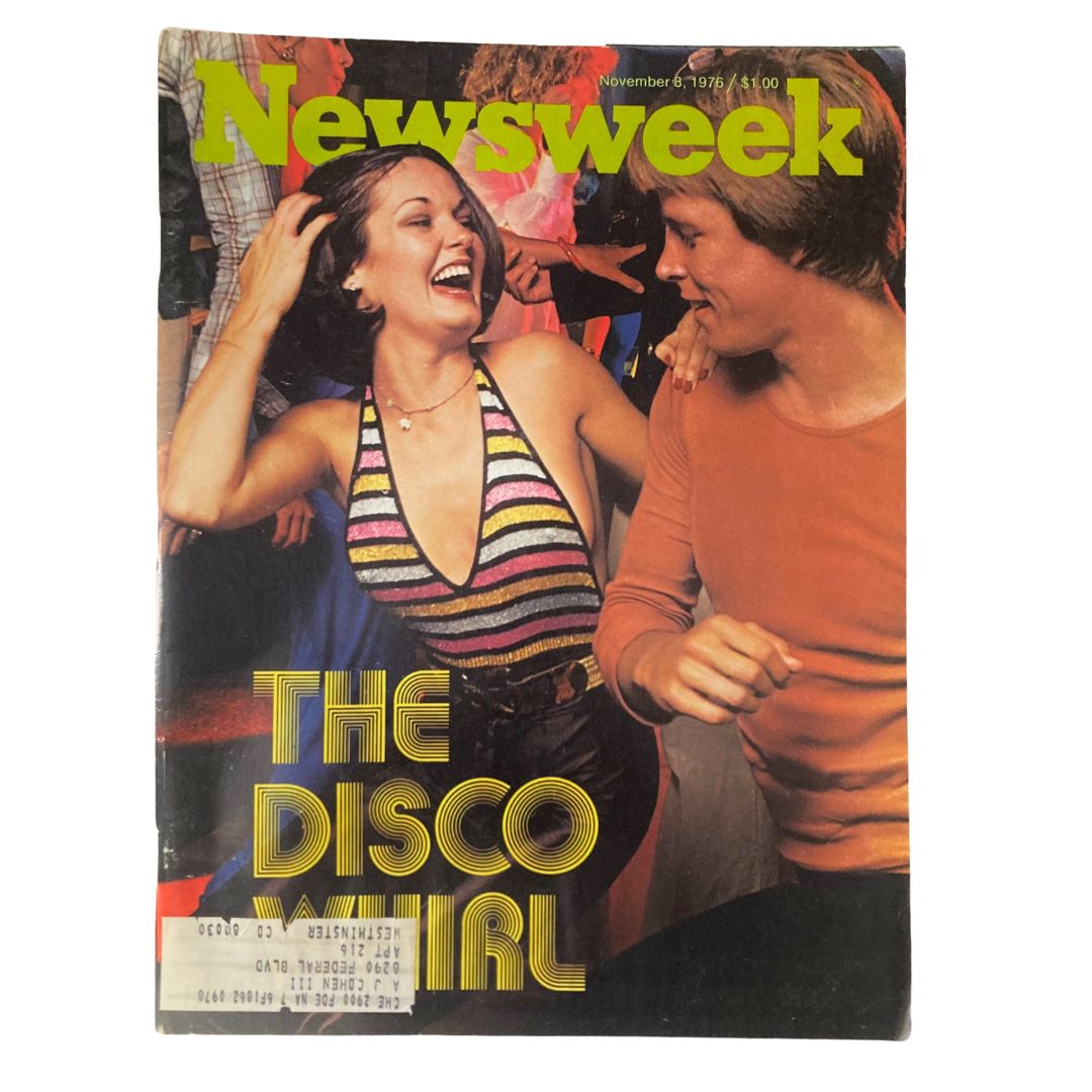 Cover of Vintage Newsweek Magazine from November 8, 1976, featuring an article titled 'The Disco Whirl' with a vibrant disco atmosphere.