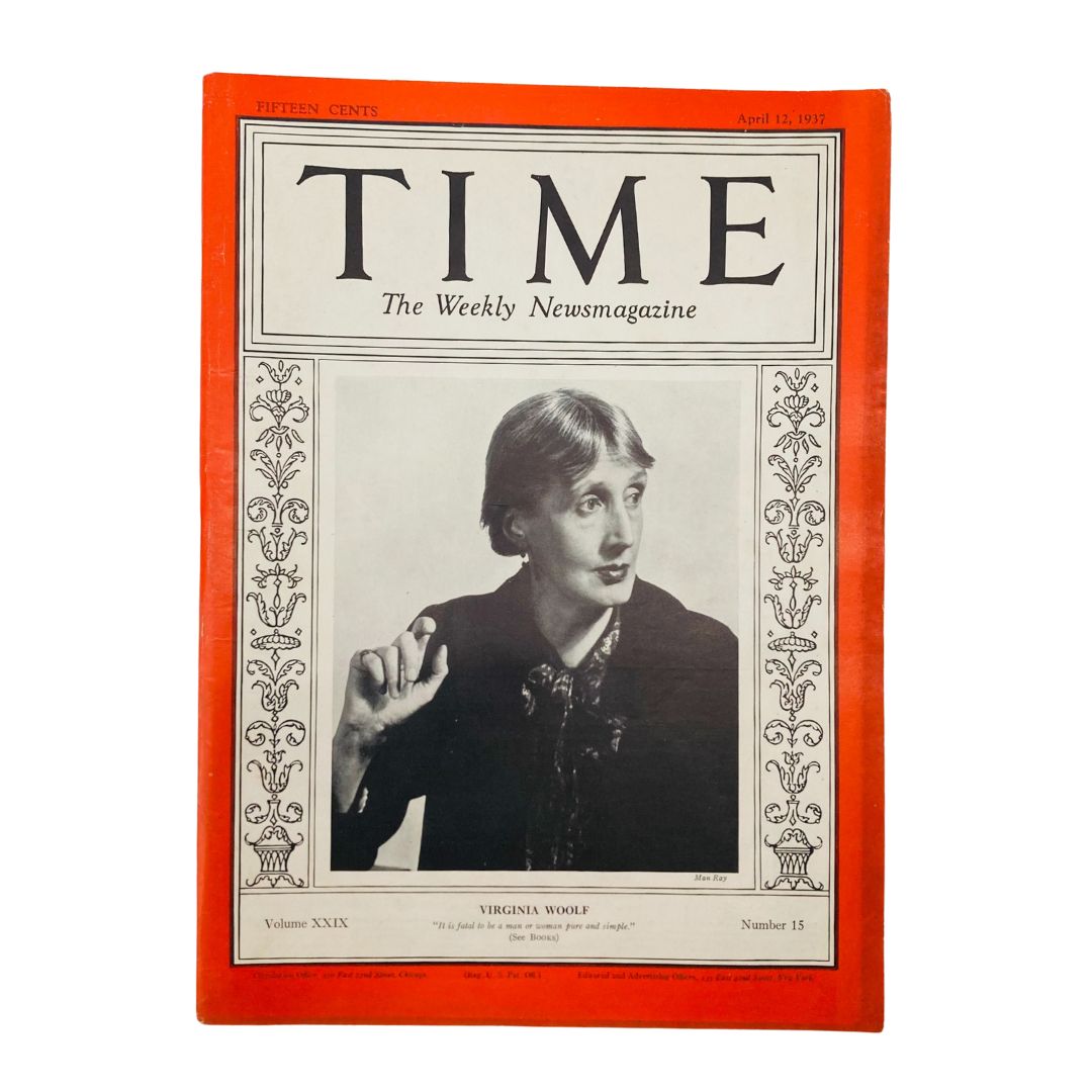 VTG Time Magazine April 12 1937 featuring English writer Virginia Woolf on the cover, showcasing a black and white portrait of her.