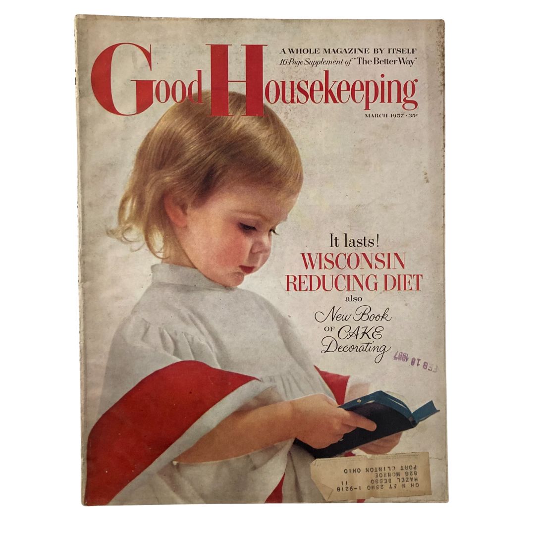 Cover of VTG Good Housekeeping Magazine March 1957 featuring a girl reading, highlighting the Wisconsin Reducing Diet and cake decorating tips.